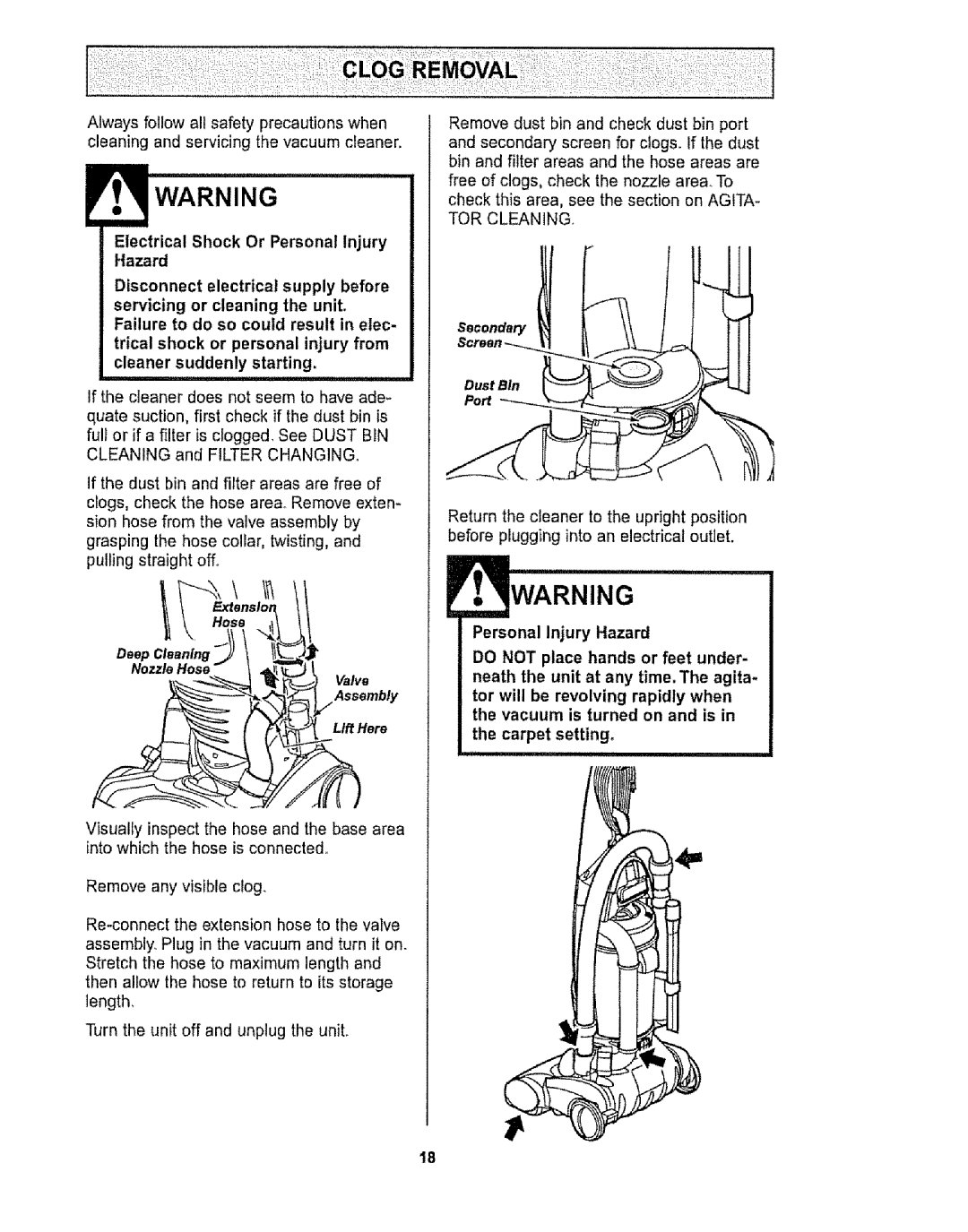 Kenmore 116.32734, 116.32735 owner manual TOR Cleaning, NozzleHose 