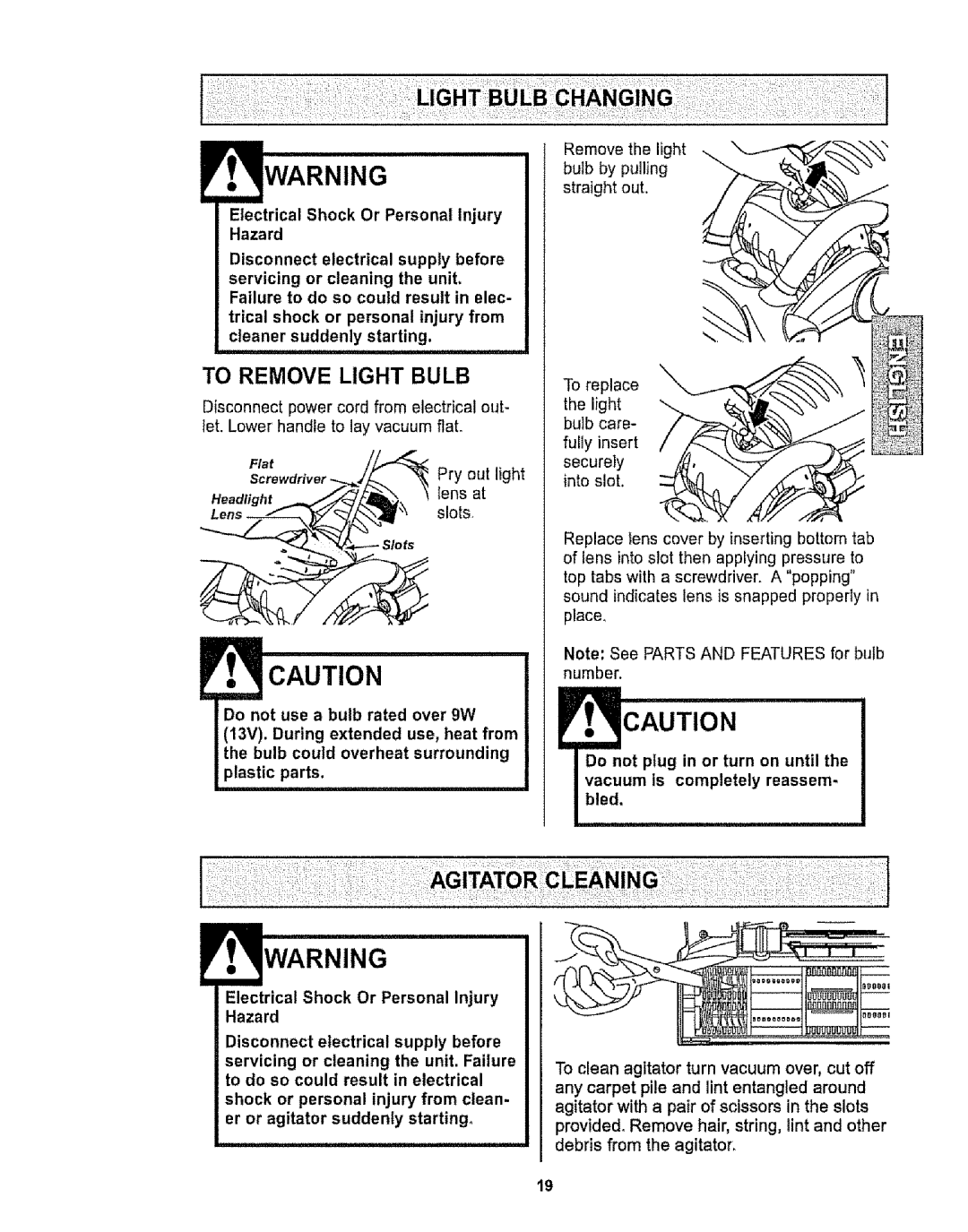 Kenmore 116.32735, 116.32734 owner manual To Remove Light Bulb, Pry out light 