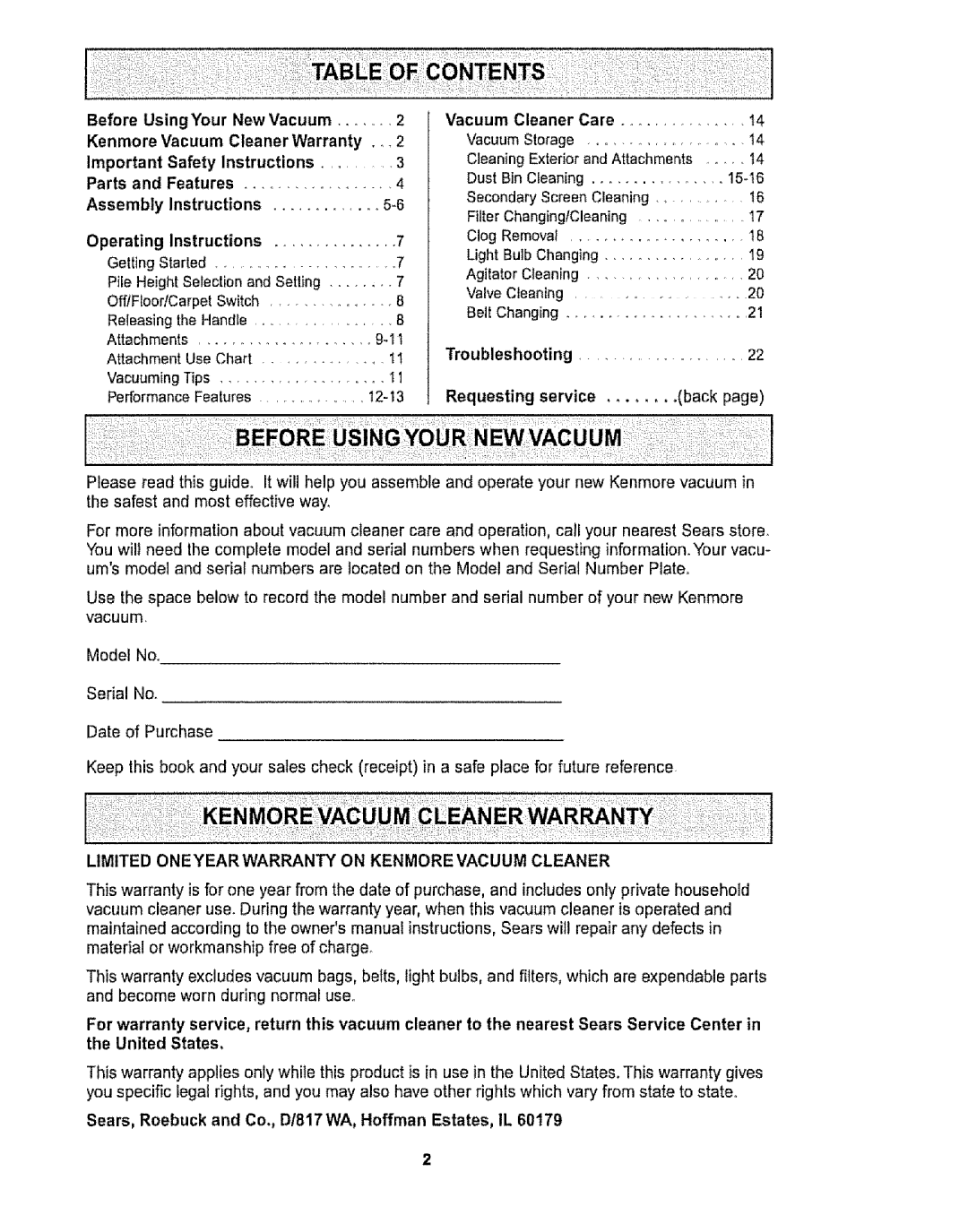 Kenmore 116.32734, 116.32735 owner manual Limited Oneyearwarranty on Kenmorevacuum Cleaner 