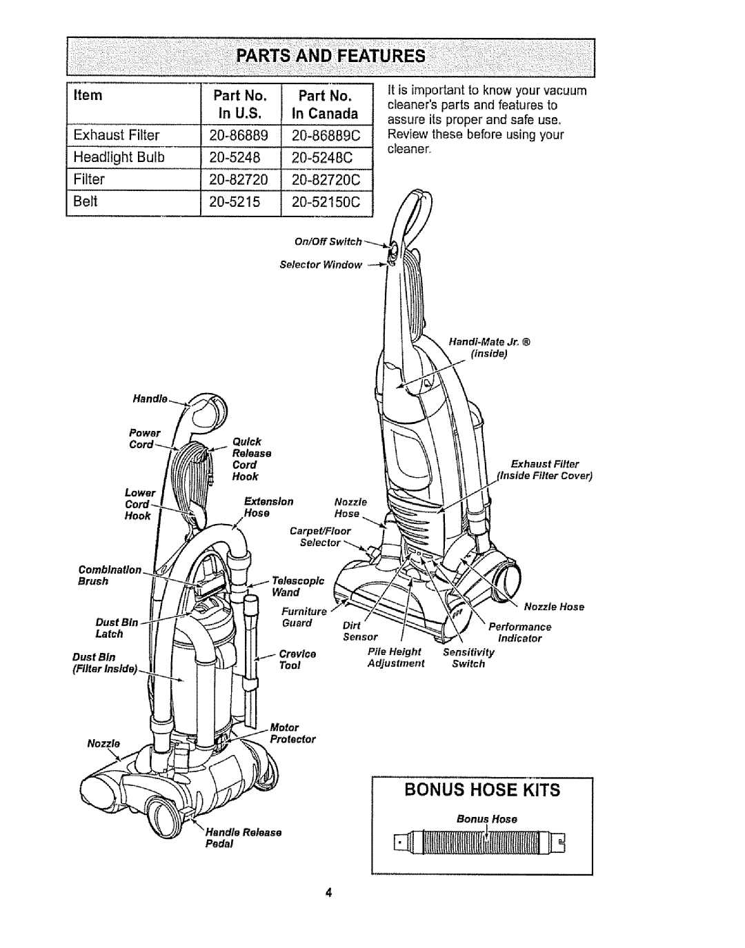 Kenmore 116.32734, 116.32735 owner manual Bonus Hose Kits, Crevice, Tool 