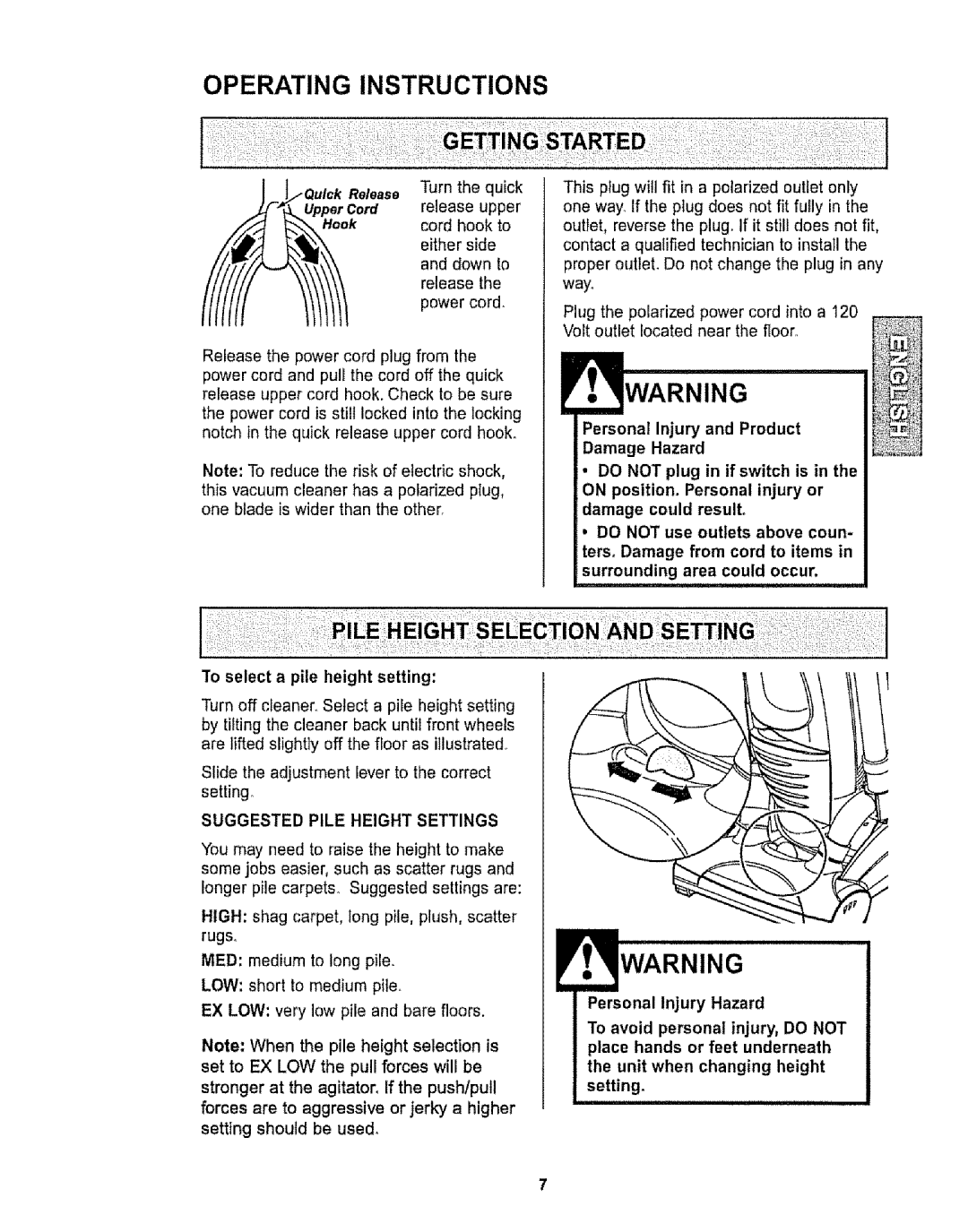 Kenmore 116.32735, 116.32734 owner manual Operating Instructions, Suggested Pile Height Settings 