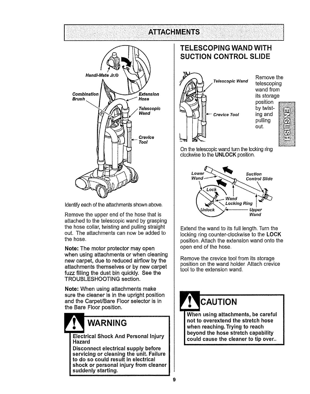 Kenmore 116.32735, 116.32734 owner manual Telescoping Wand with Suction Control Slide, HandI.MataJr 