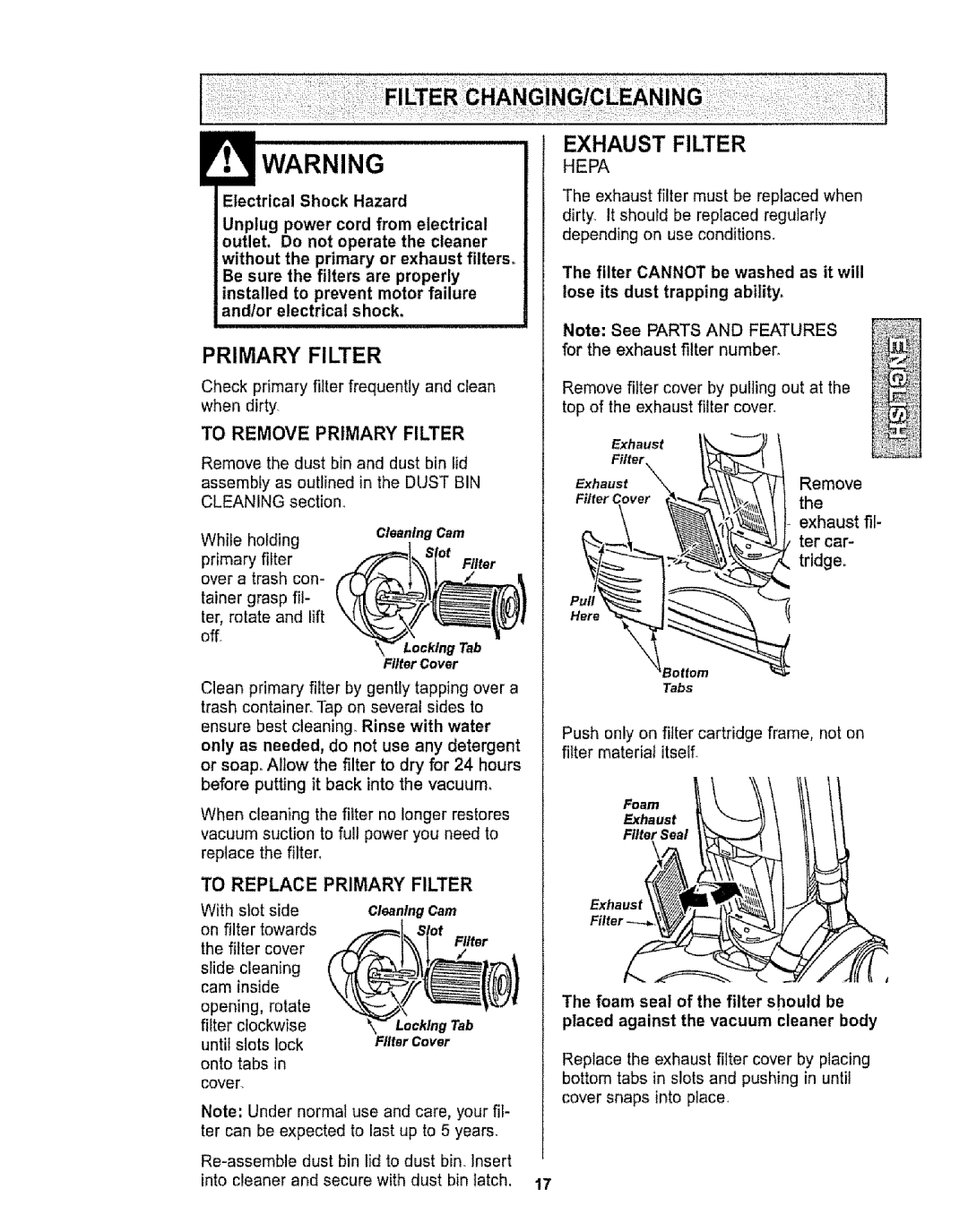 Kenmore 116.32735, 116.32734 owner manual Warninghepa, To Remove Primary Filter, To Replace Primary Filter, Cleaning Cam 