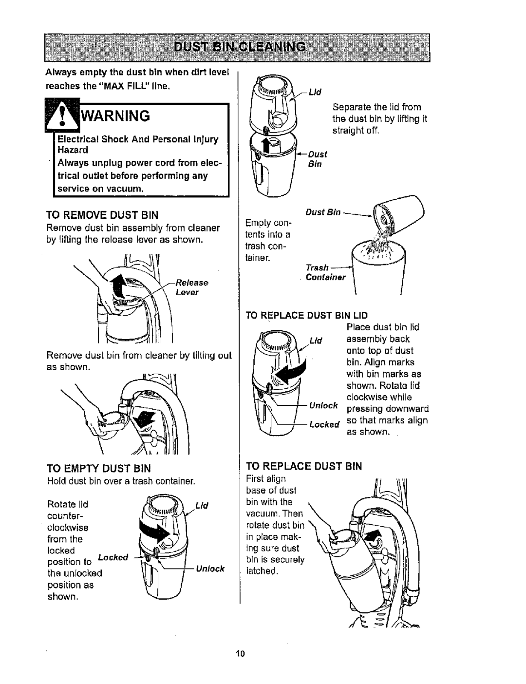 Kenmore 116.34722, 116.34723 Empty con- Dust Bin Tents into a trash con- tainer, Hold dust bin over a trash container 