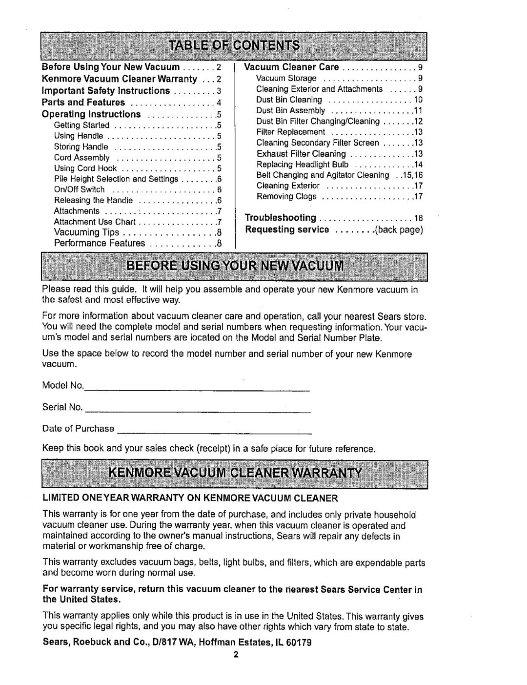 Kenmore 116.34722 Before Using Your New Vacuum, Kenmore Vacuum Cleaner Warranty, Safety Instructions, Filter Replacement 