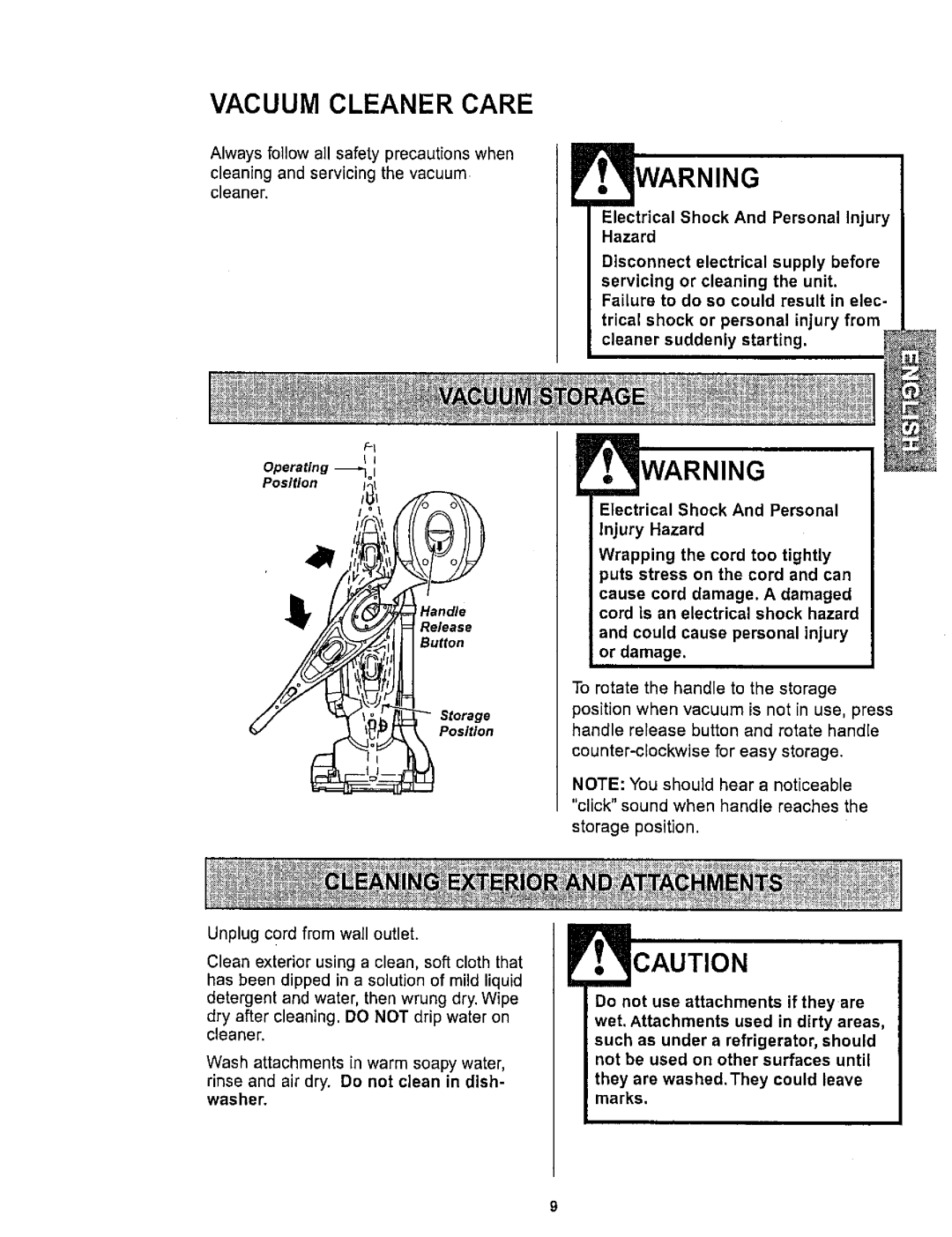 Kenmore 116.34723, 116.34722 owner manual Vacuum Cleaner Care, Unplug cord from wall outlet 