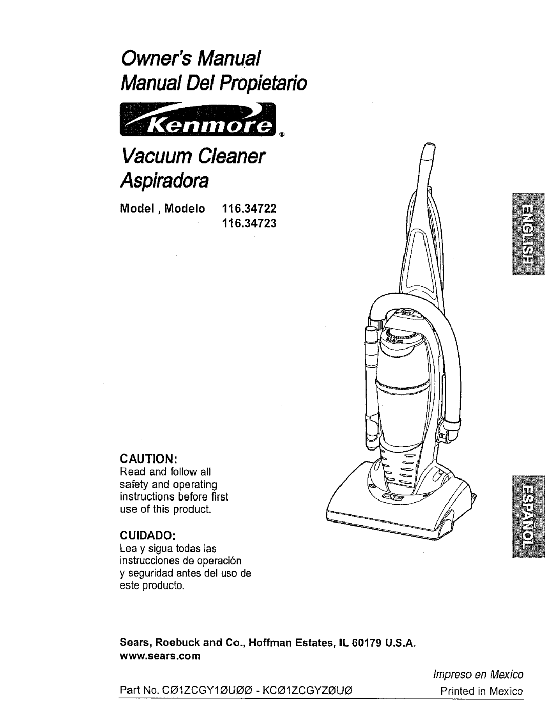 Kenmore 116.34723, 116.34722 owner manual Model, Modelo, Vacuum Cleaner Aspiradora, Impreso en Mexico 