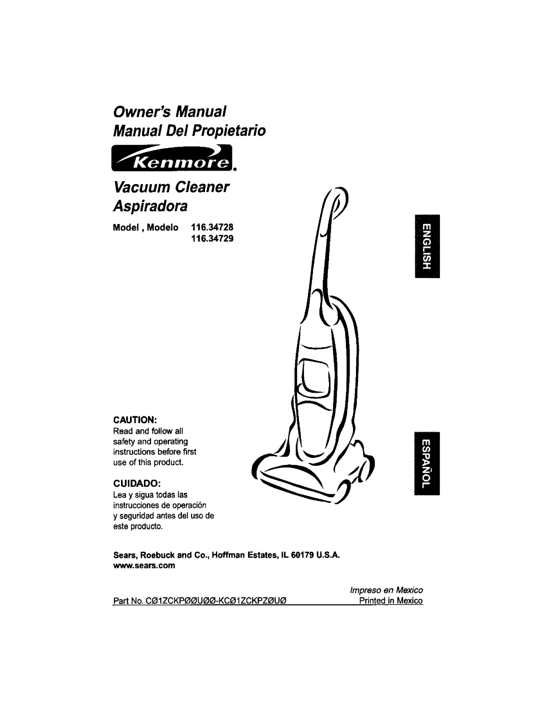 Kenmore 116.34729, 116.34728 owner manual Manual Del Propietario Vacuum Cleaner Aspiradora, Cuidado 