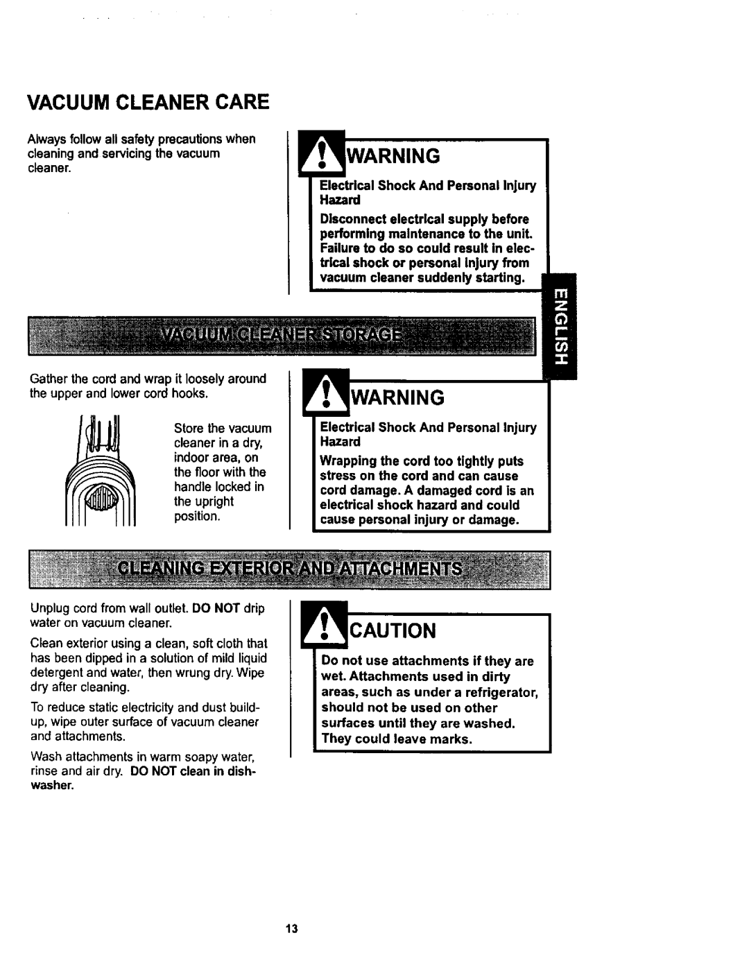 Kenmore 116.34729, 116.34728 owner manual Vacuum Cleaner Care 