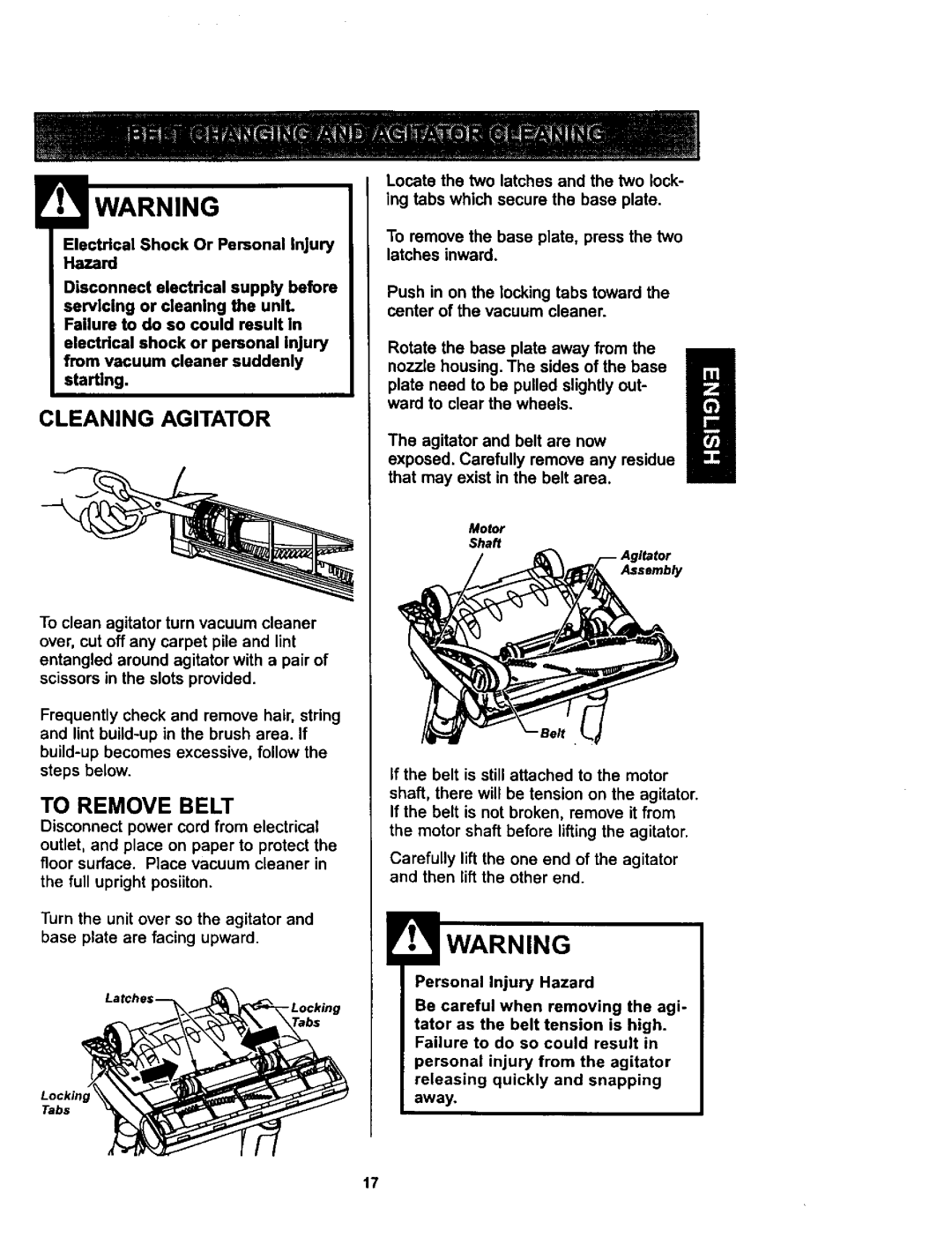 Kenmore 116.34729, 116.34728 owner manual Cleaning Agitator, To Remove Belt 