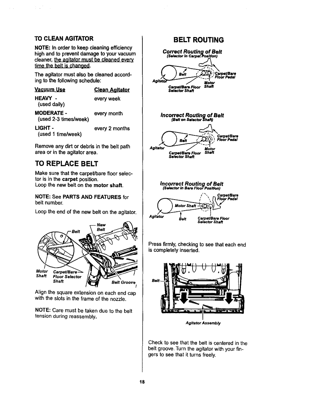 Kenmore 116.34728, 116.34729 owner manual To Replace Belt, Belt Routing, Correct Routing of Belt, Incorrect Routing of Belt 