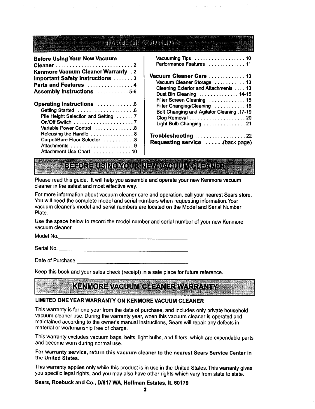 Kenmore 116.34728 Limited Oneyearwarranty on Kenmorevacuum Cleaner, Sears, Roebuck and Co., DI817 WA, Hoffman Estates, IL 
