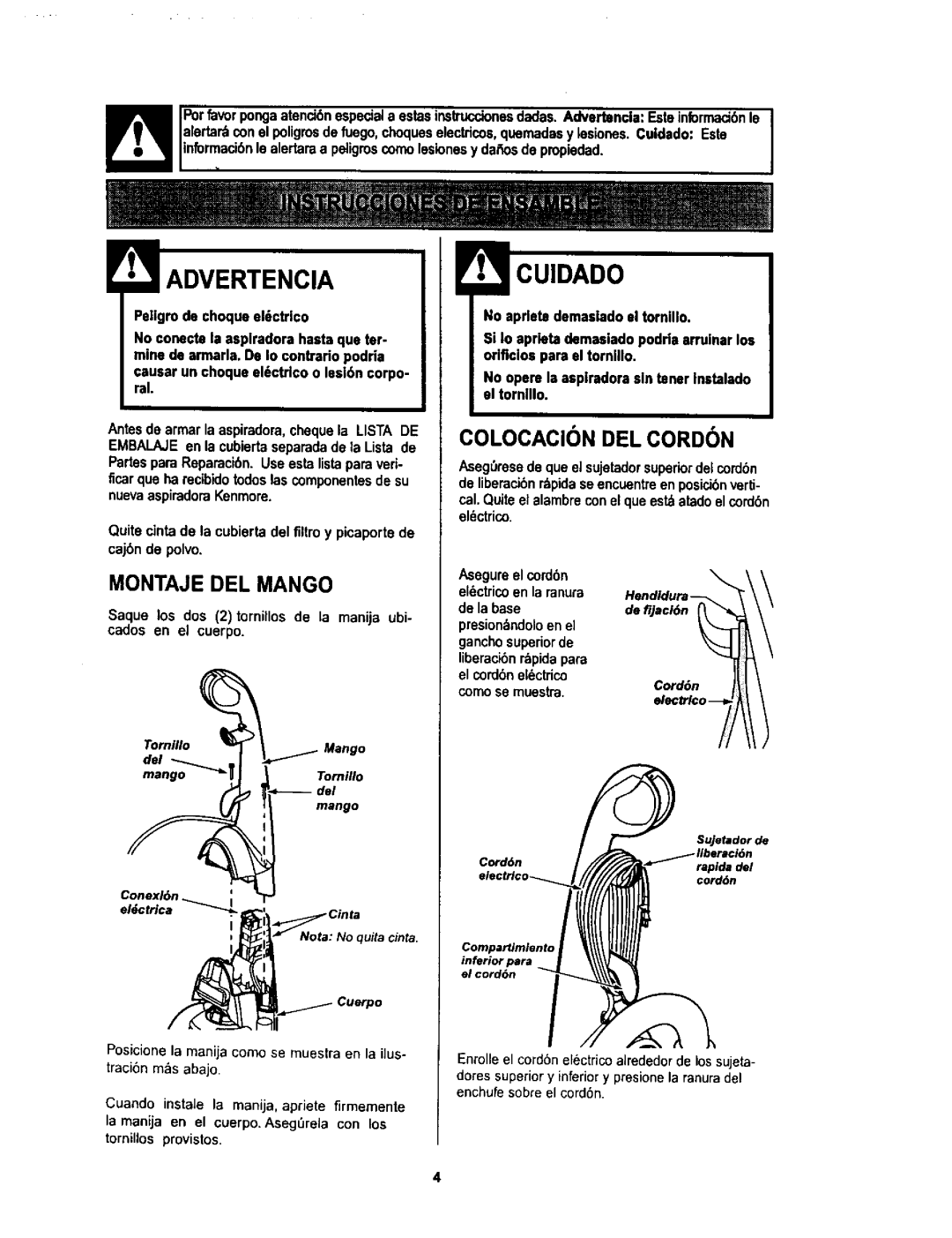 Kenmore 116.34728, 116.34729 owner manual Montaje DEL Mango, Colocacion DEL Cordon, De fijacl6n, Cord6n 