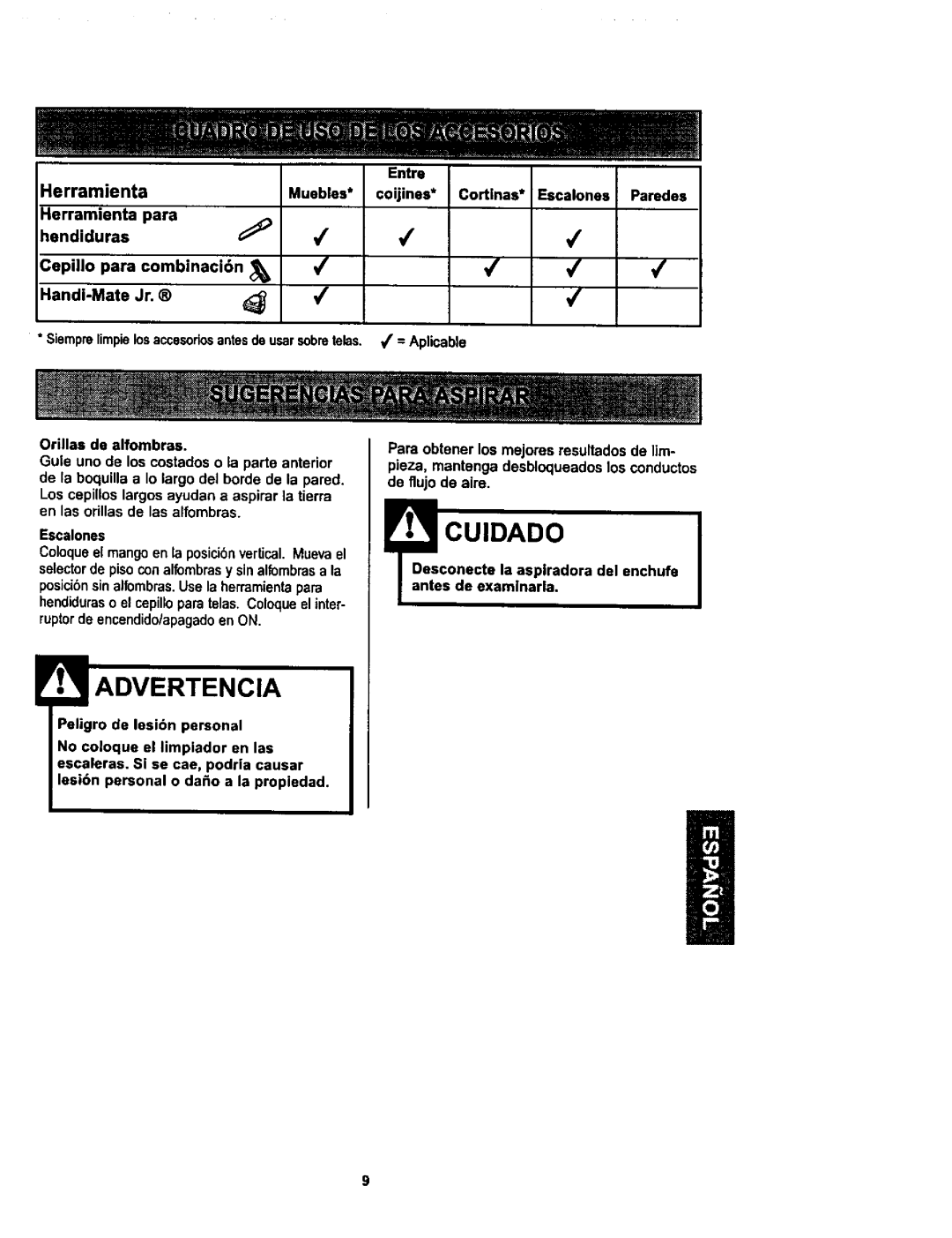 Kenmore 116.34729, 116.34728 owner manual Advertencia, Entre HerramJenta Muebles Coijines* Cortlnas Escalones 