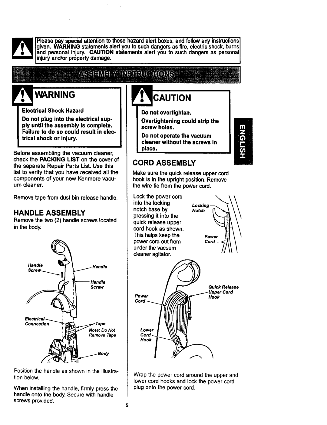 Kenmore 116.34729, 116.34728 owner manual Cord Assembly, Handle Assembly, Remove the two 2 handle screws located Body 