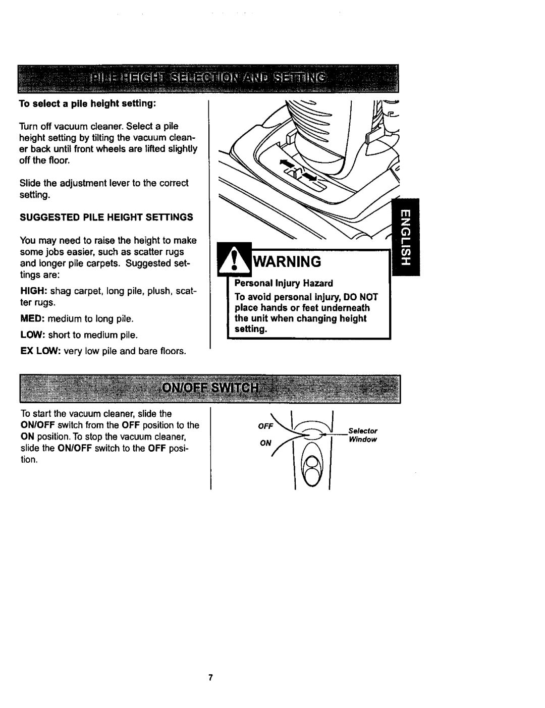 Kenmore 116.34729, 116.34728 owner manual Suggested Pile Height Settings 