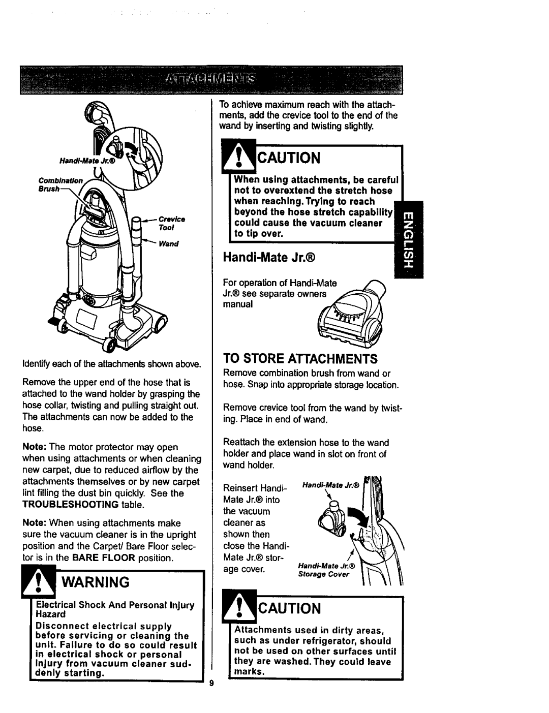 Kenmore 116.34729, 116.34728 To Store Attachments, For operation of Handi-Mate Jr. sea separate owne Manual, Mate Jr. into 