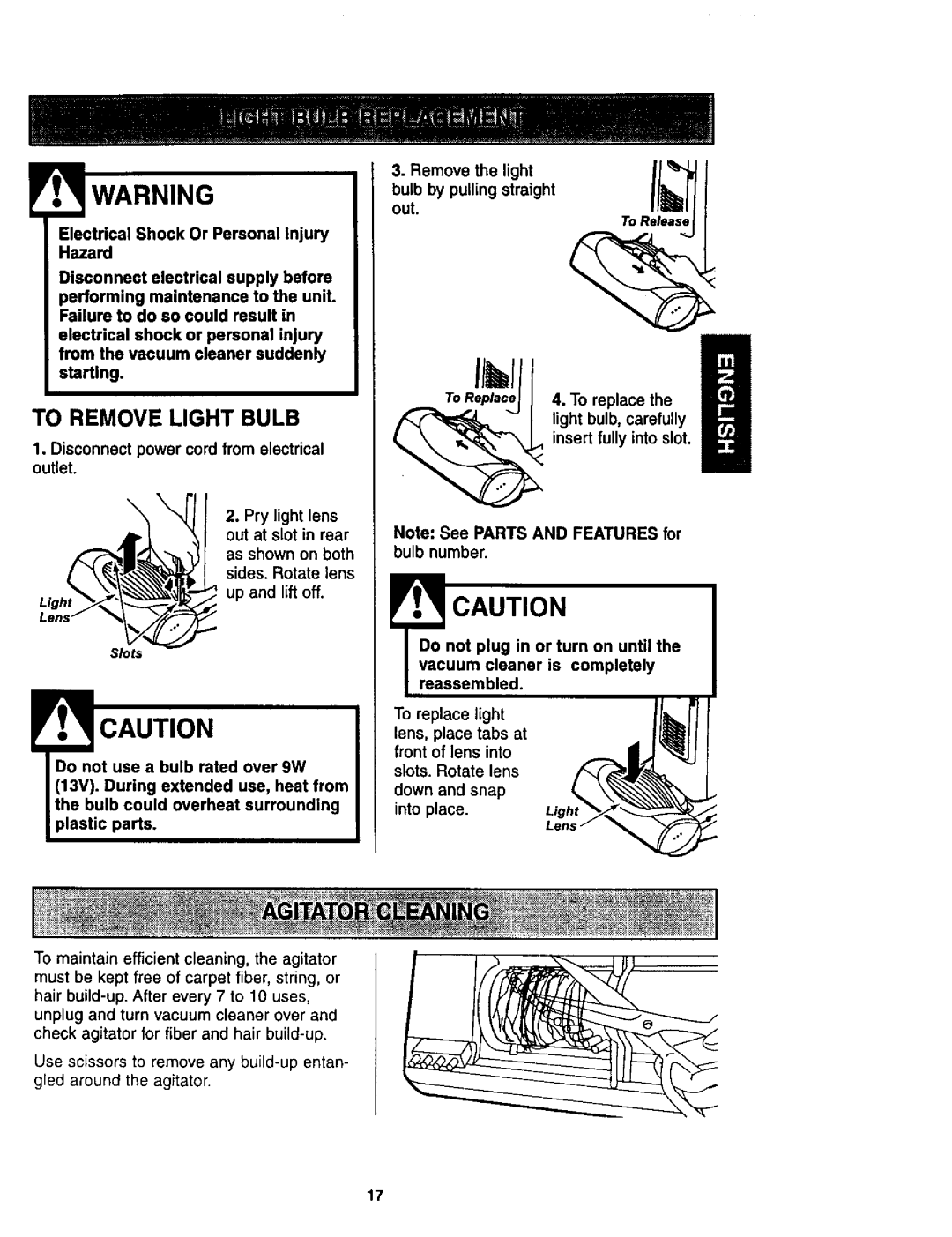 Kenmore 116.34924, 116.34925 owner manual To Remove Light Bulb 