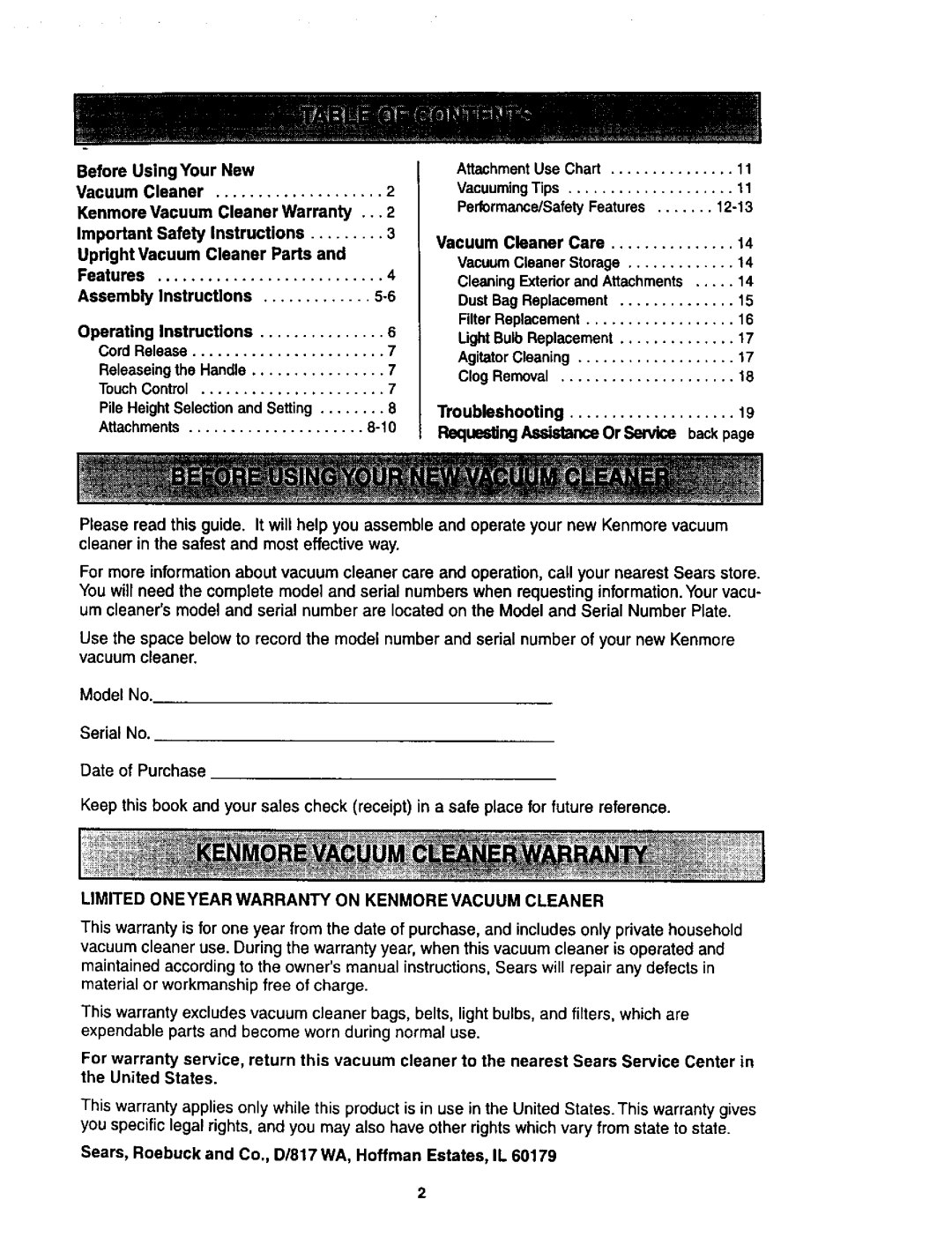 Kenmore 116.34925, 116.34924 owner manual Model No, Date of Purchase, Limited Oneyear Warranty on Kenmorevacuum Cleaner 