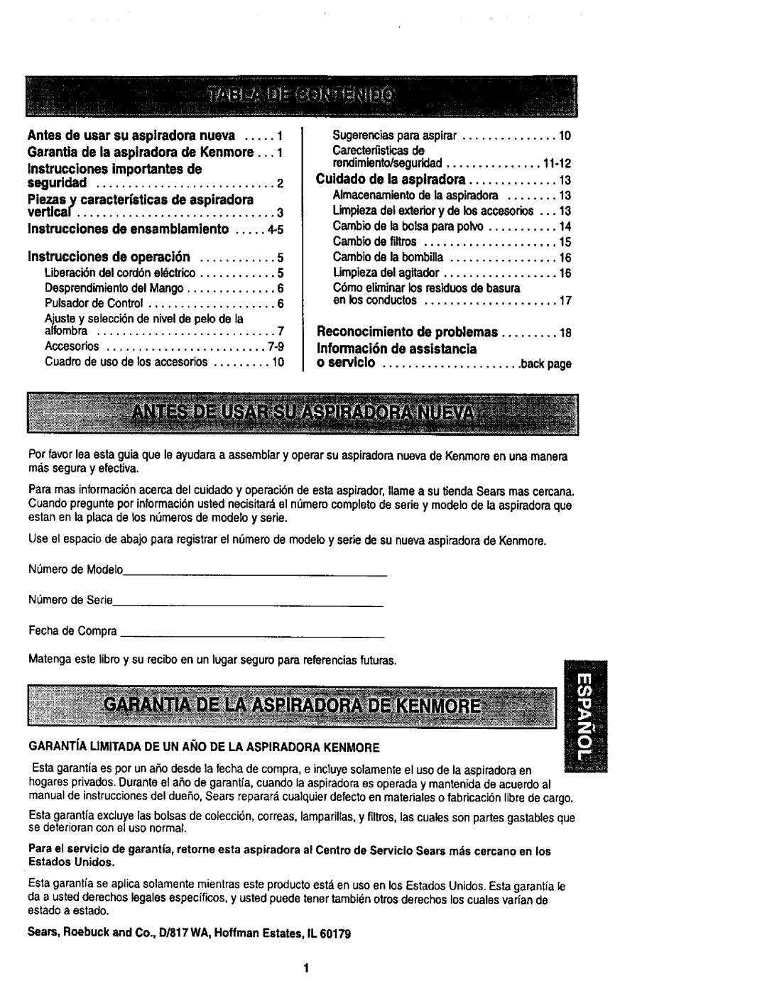 Kenmore 116.34924 Culdado de la aspiradora Almacenamientode la aspiradora, Camblode la bolsapare polvo, Backpage 