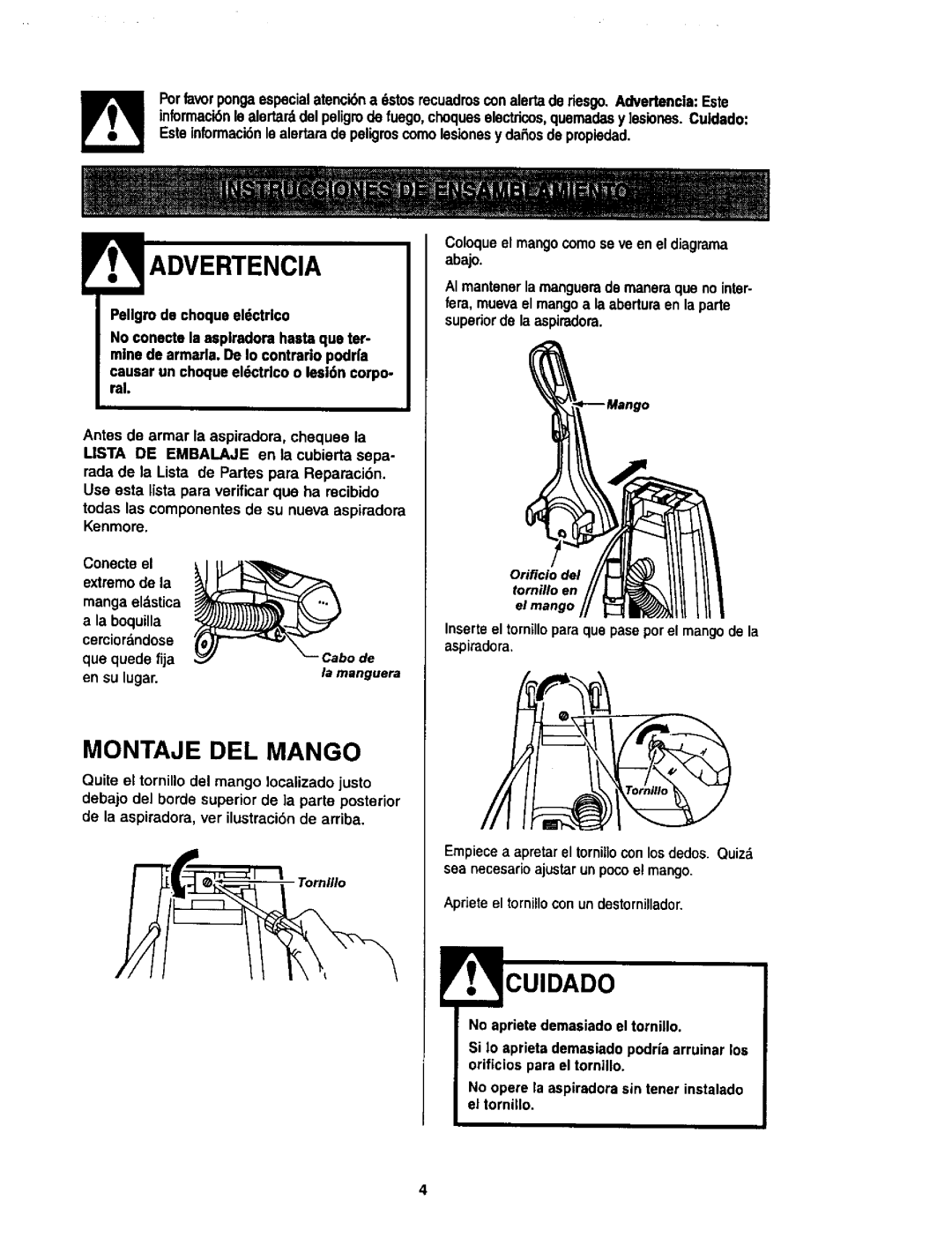 Kenmore 116.34925 Advertencia, En su lugar, Coloqueel mangocomose ve en el diagrama abajo, Superiorde la aspiradora 