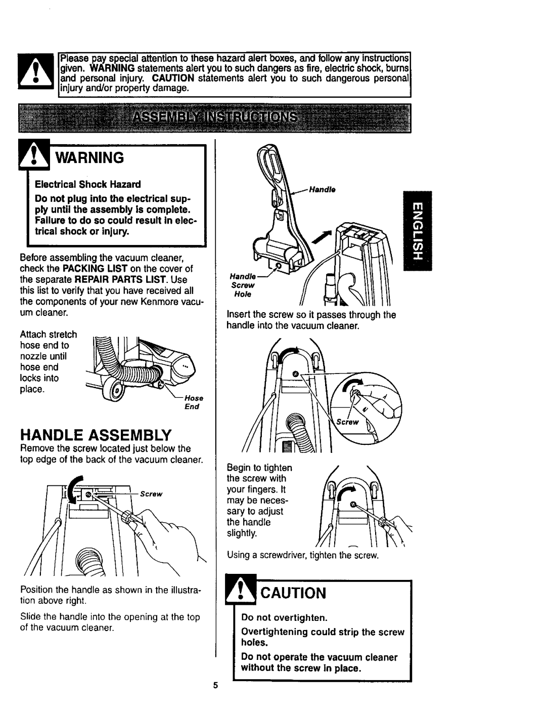 Kenmore 116.34924, 116.34925 owner manual Handle Assembly, Electrical Shock Hazard, Do not overtighten 