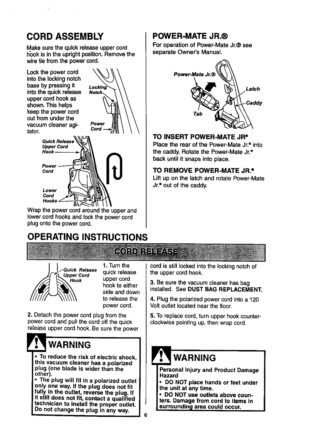 Kenmore 116.34925 Cord Assembly, Operating Instructions, Power-Mate Jr, Latch Caddy Tab, To Insert POWER-MATE JR 