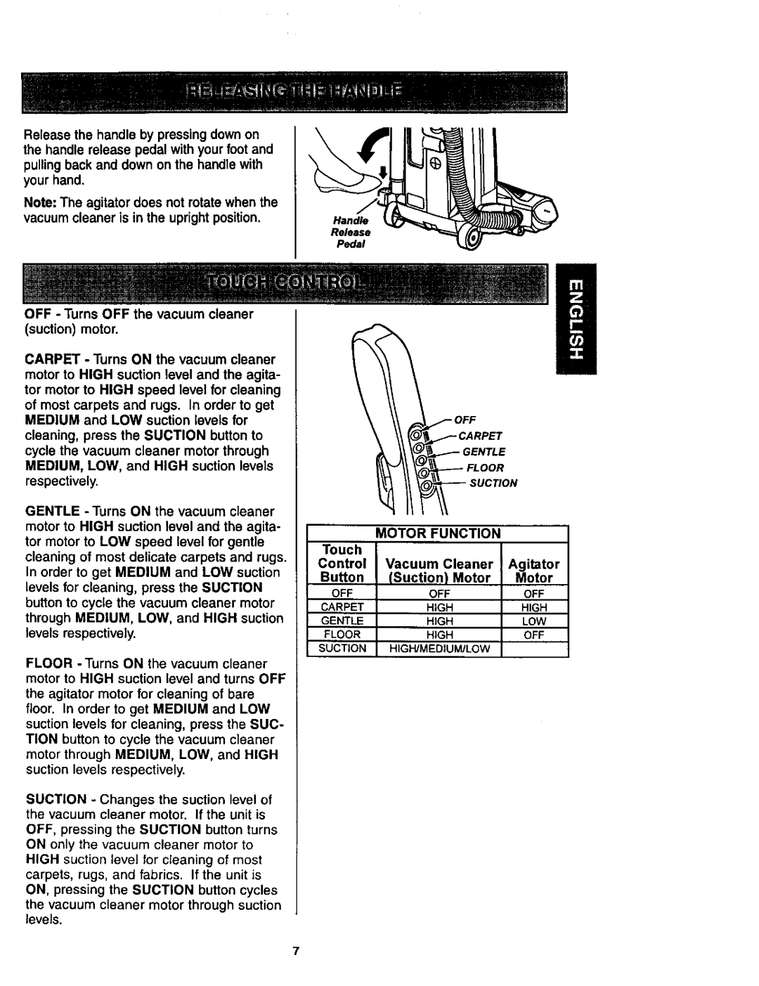 Kenmore 116.34924, 116.34925 owner manual OFF Turns OFF the vacuum cleaner suction motor, Motor Function 