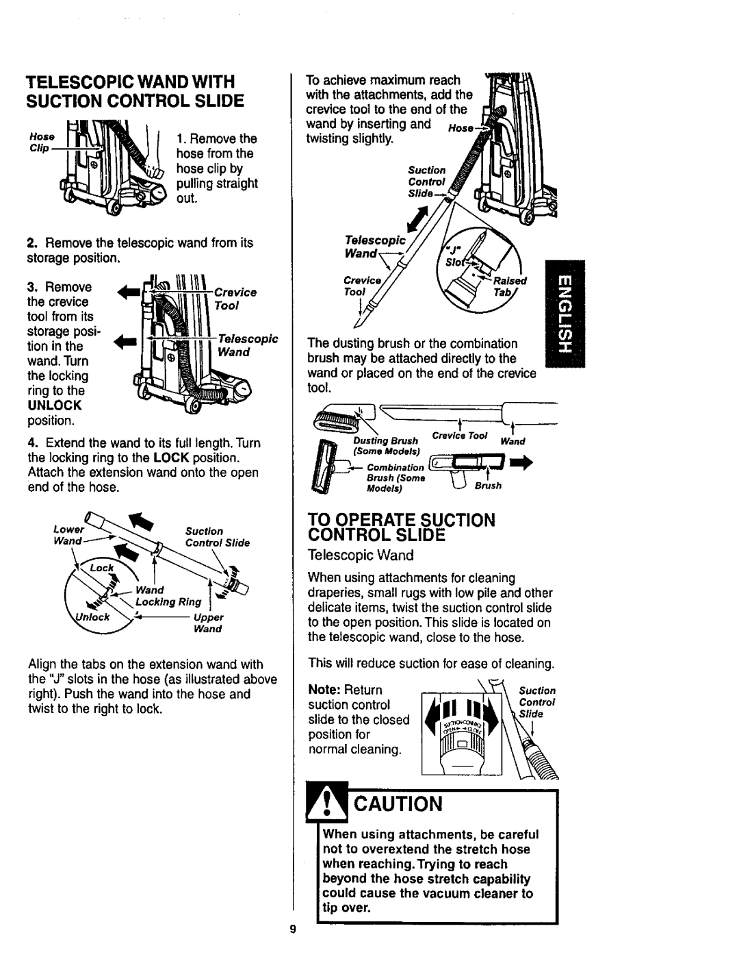 Kenmore 116.34924, 116.34925 owner manual To Operate Suction Control Slide, Telescopic Wand with Suction Control Slide 