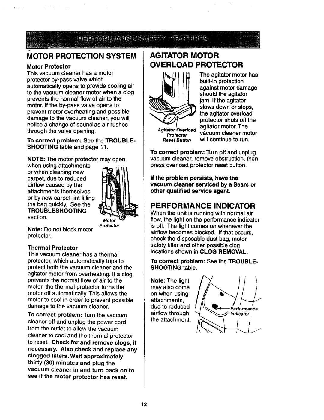 Kenmore 116.34925, 116.34924 owner manual Motor Protection System, Agitator Motor Overload Protector, Performance Indicator 