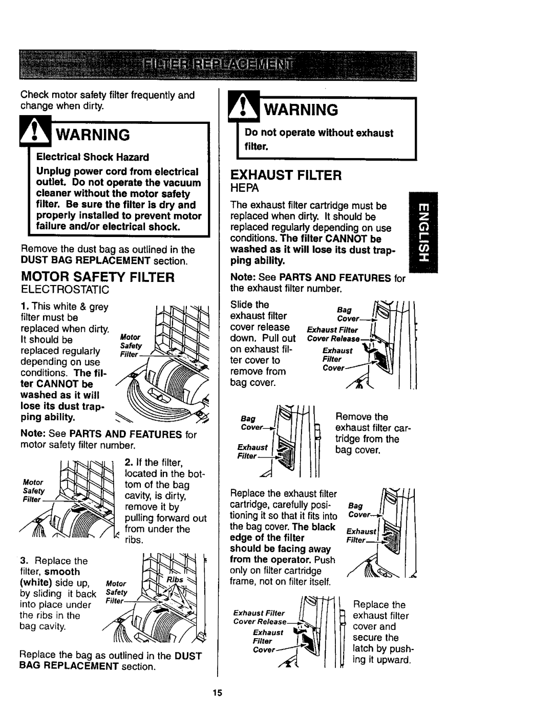 Kenmore 116.35622, 116.35623 owner manual Motor Safety Filter, Exhaust Filter 