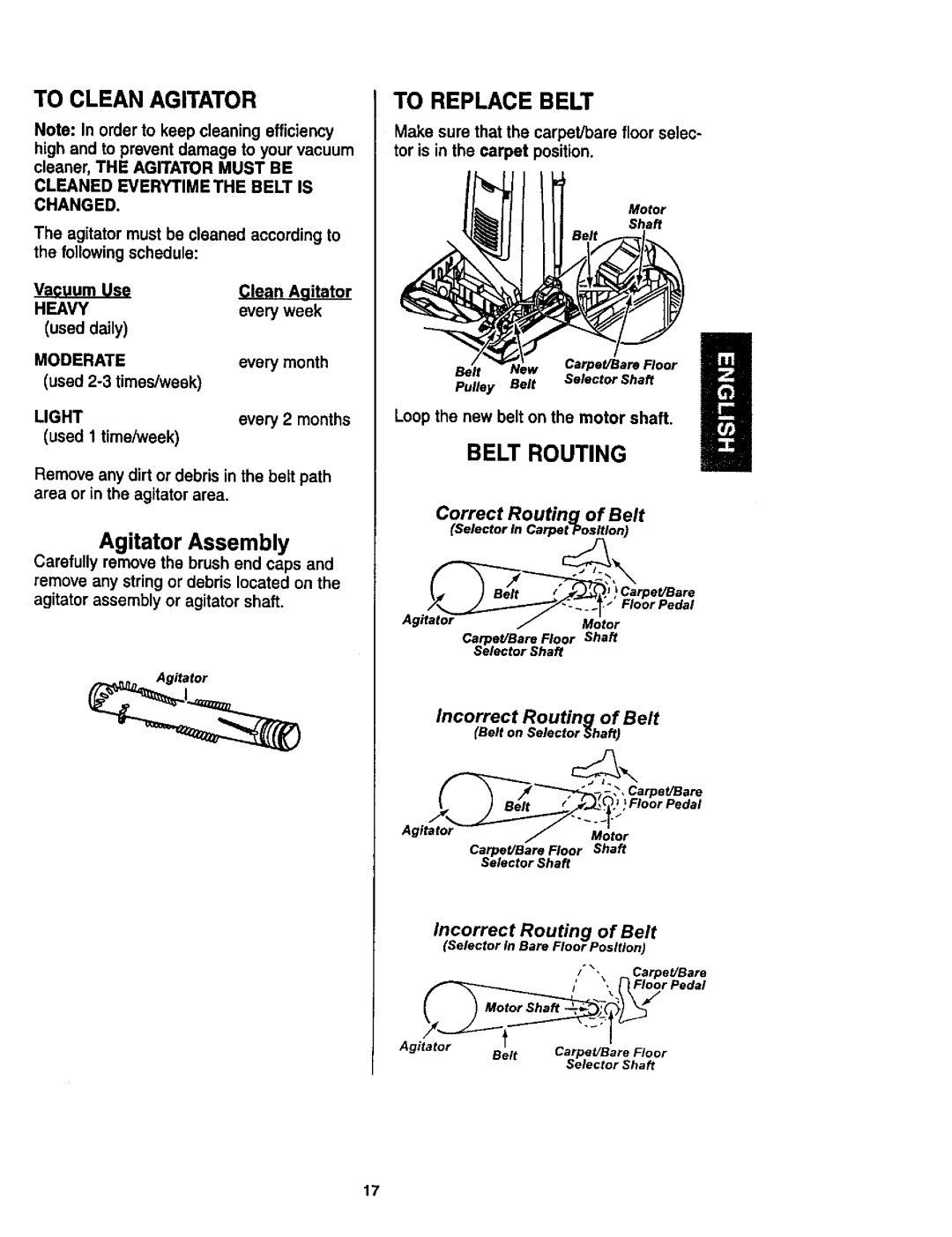 Kenmore 116.35622, 116.35623 owner manual To Clean Agitator, To Replace Belt, Belt Routing 