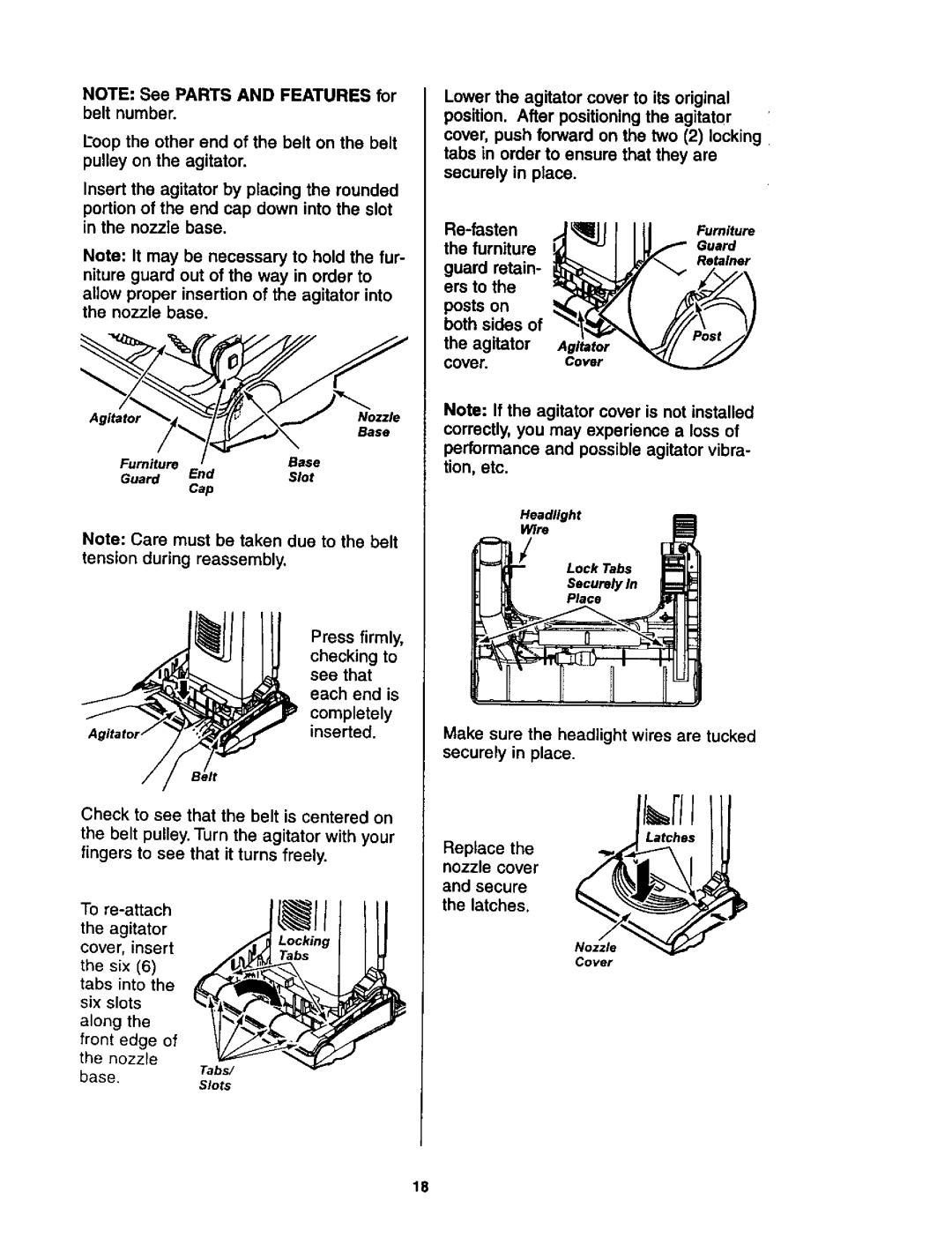 Kenmore 116.35623, 116.35622 owner manual Re-fasten, Furniture, Guard retain, Ers to Posts on Both sides Agitator, Cover 