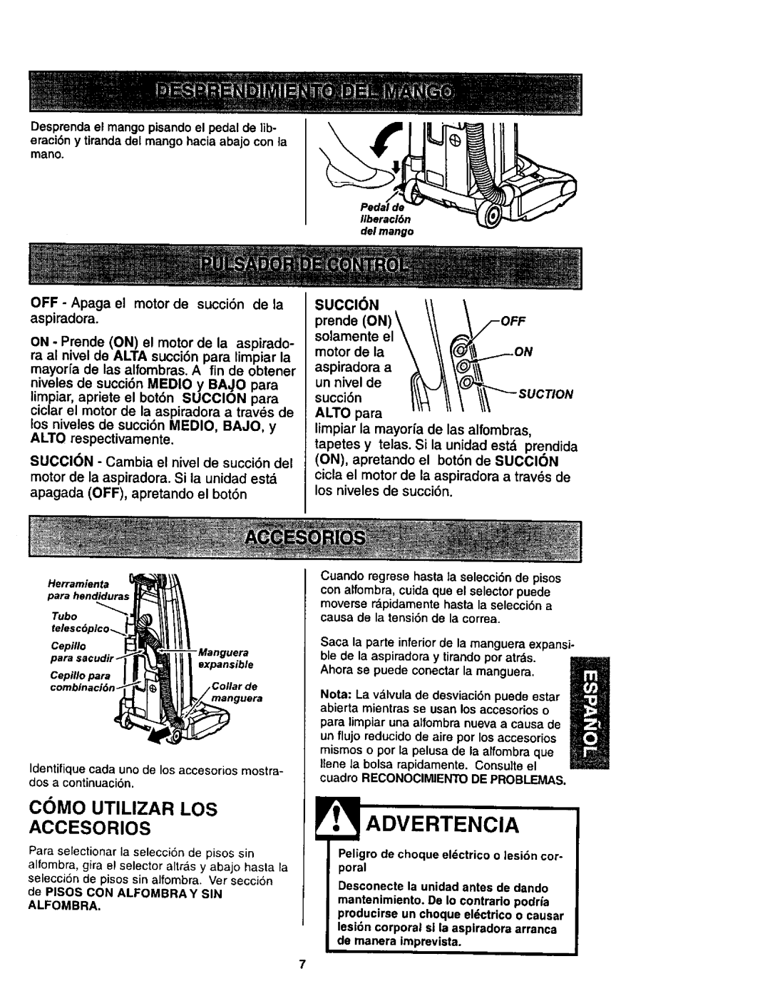 Kenmore 116.35622, 116.35623 owner manual Como Utilizar LOS Accesorios, Alfombra, Del mango, SUCCI6N 