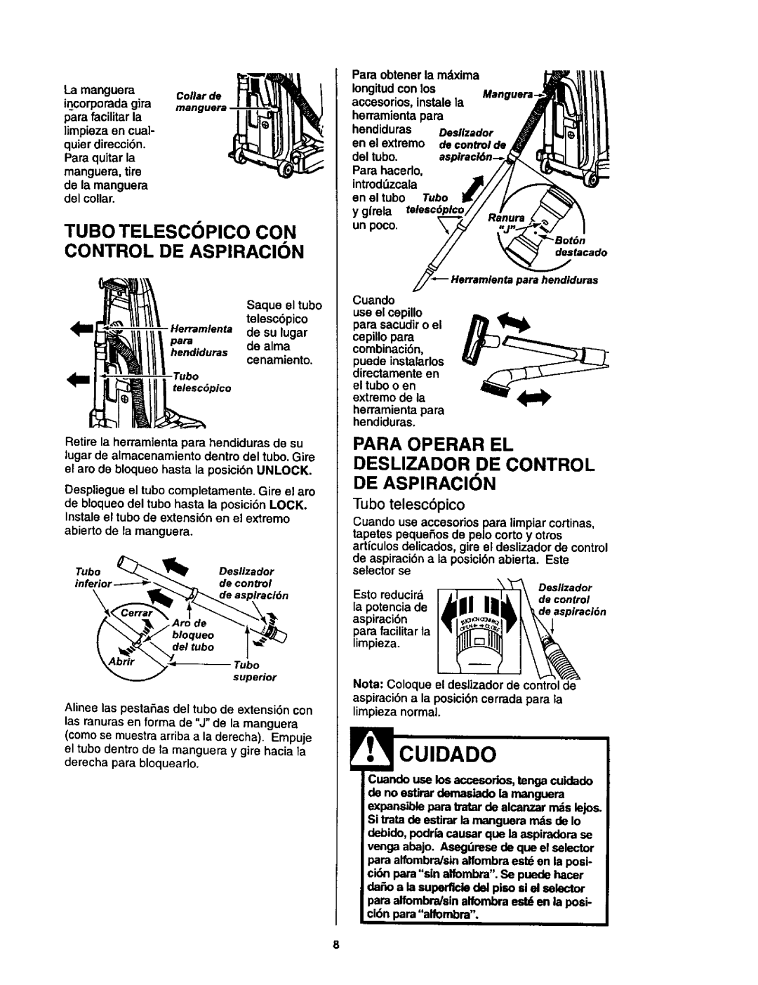 Kenmore 116.35623, 116.35622 Para Operar EL Deslizador DE Control DE Aspiracion, Lamanguera Collarde, Tubo telesc6pico 