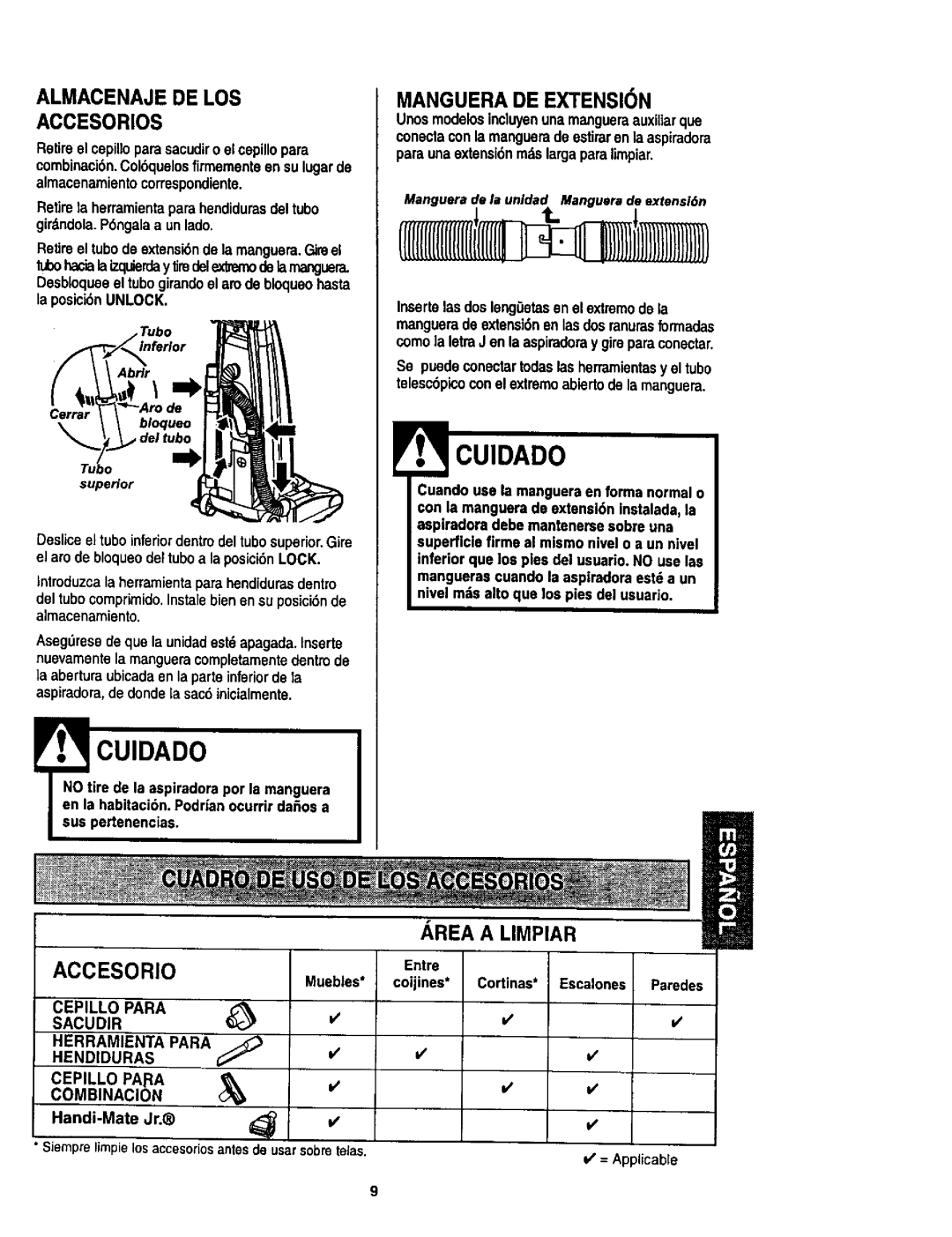 Kenmore 116.35622, 116.35623 owner manual Almacenaje DE LOS Accesorios, Manguera DE Extension, Abrlr 