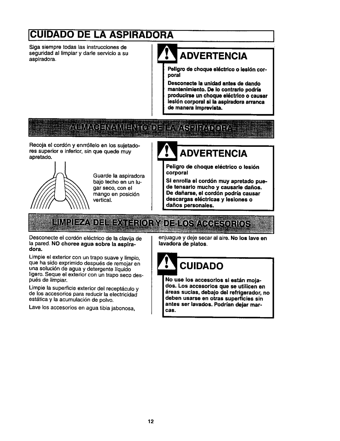 Kenmore 116.35623, 116.35622 owner manual Icuidado DE LA Aspiradora, Iadvertencia 