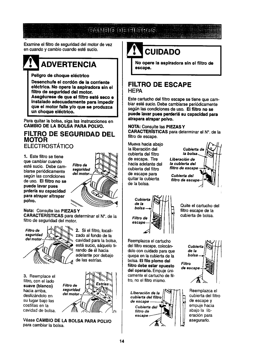 Kenmore 116.35623, 116.35622 owner manual Filtro DE Seguridad DEL, Filtro DE Escape, Motor, Electrostatico 