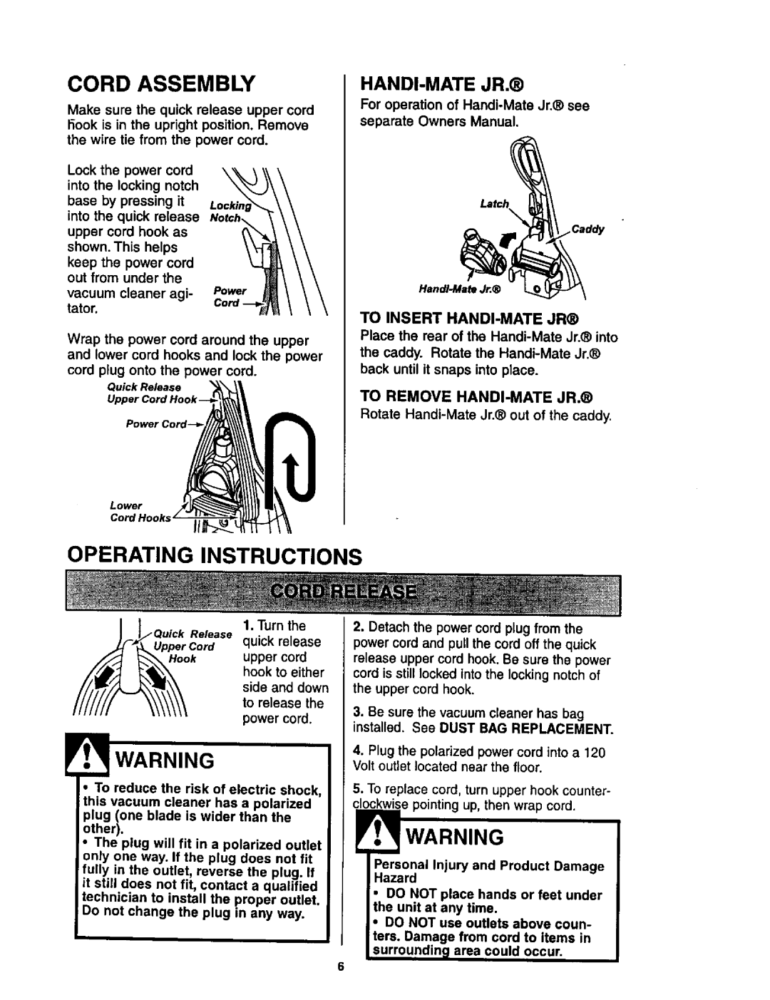 Kenmore 116.35623 Cord Assembly, Operating Instructions, Handi-Mate Jr, To Insert HANDI-MATE JR, To Remove HANDI-MATE JR 