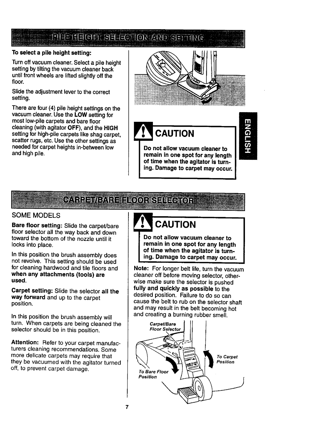 Kenmore 116.35622, 116.35623 owner manual Toselecta pile heightsetting, Some Models 