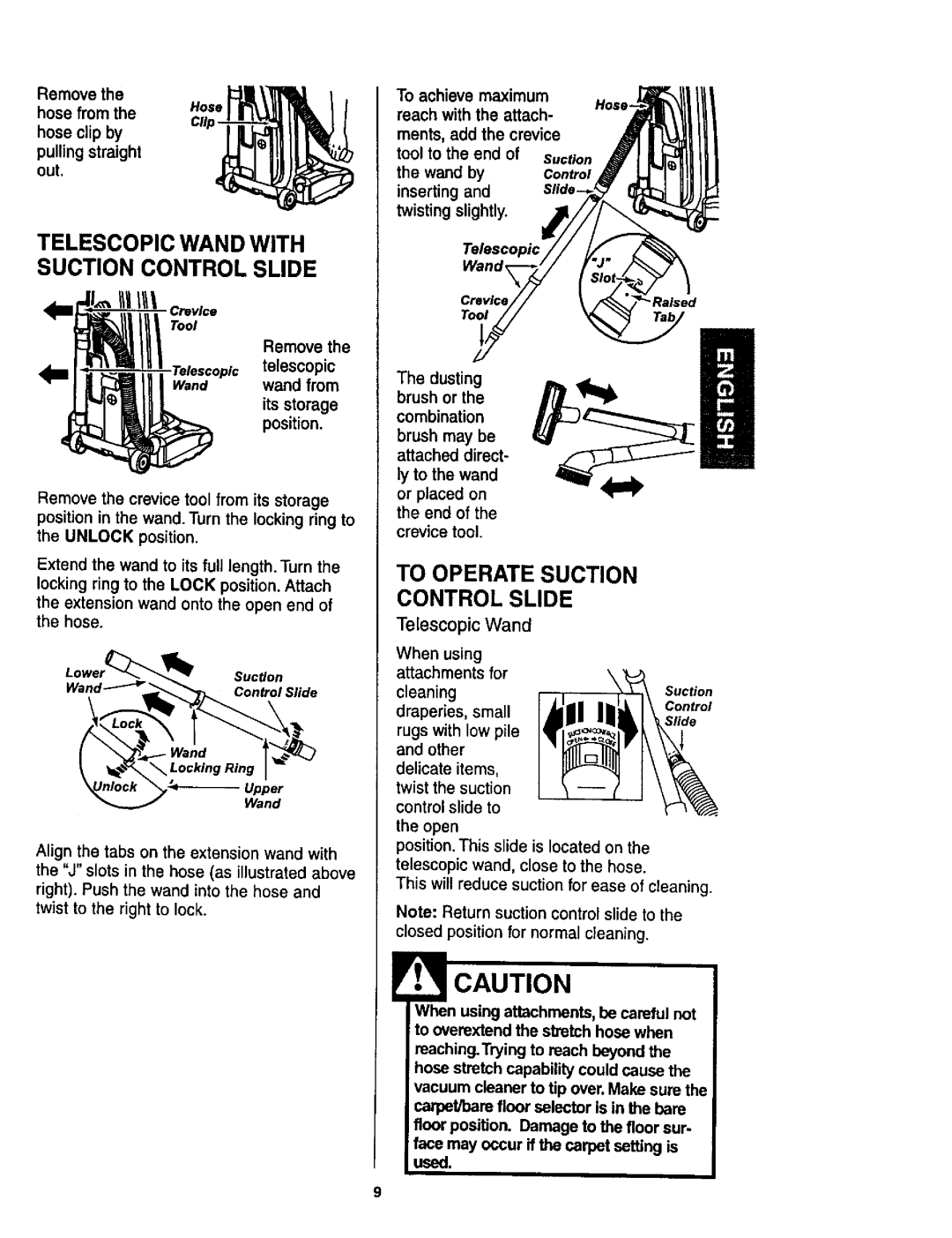 Kenmore 116.35622, 116.35623 owner manual Telescopic Wand with Suction Control Slide, To Operate Suction 