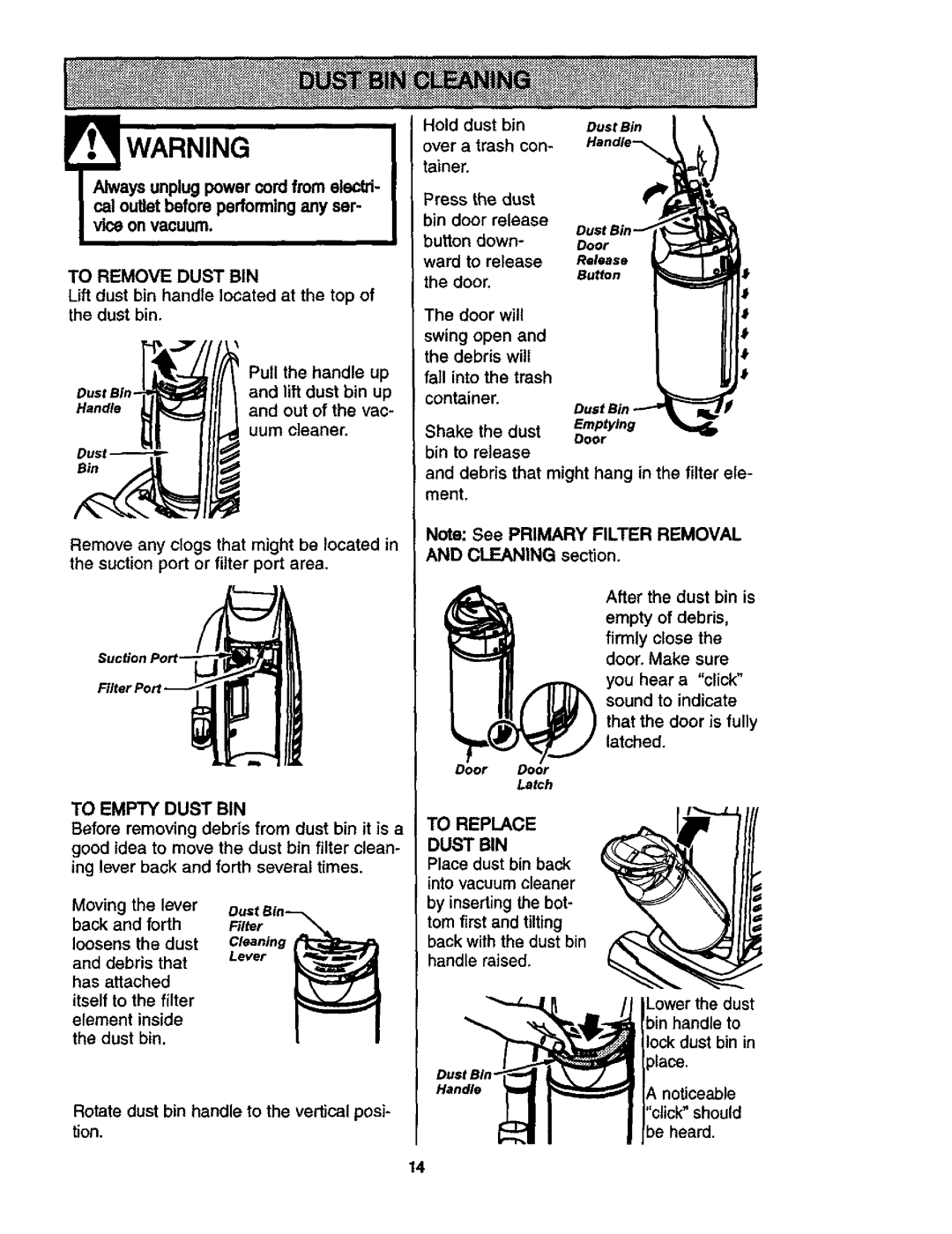 Kenmore 116.35913, 116.35912 owner manual To Empty Dust BIN, To Replace Dust BIN 