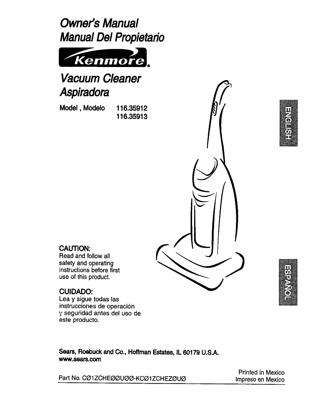 Kenmore owner manual Model, Modelo 116.35912, Cuidado, Lea y sigue todas las instrucciones de operaci6n, Aspiradora 
