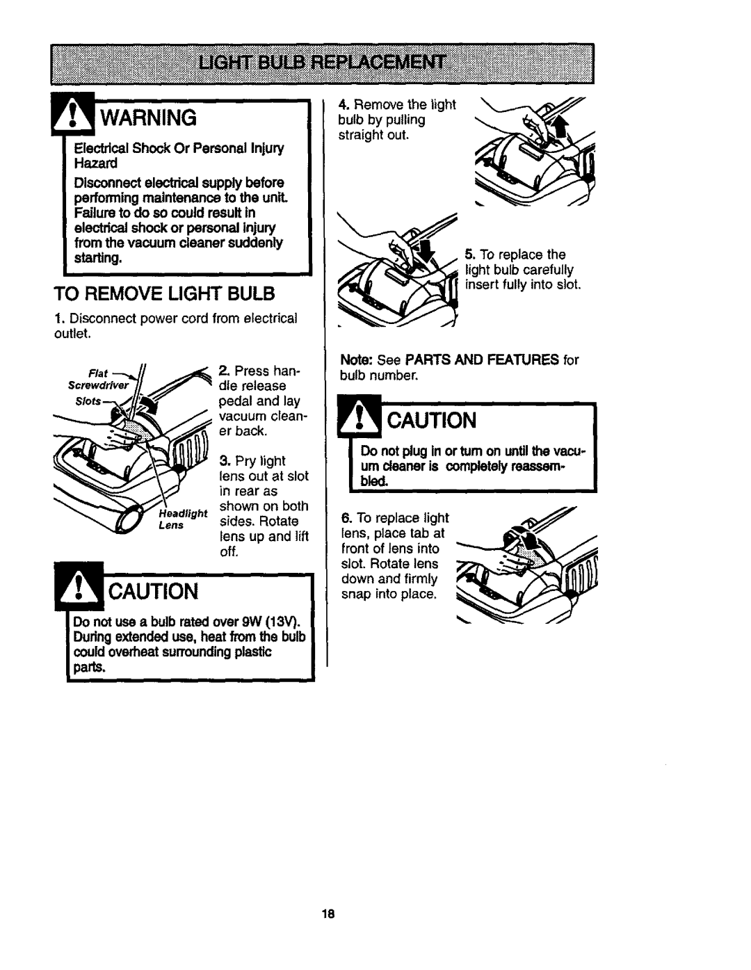 Kenmore 116.35913, 116.35912 owner manual To Remove Light Bulb 