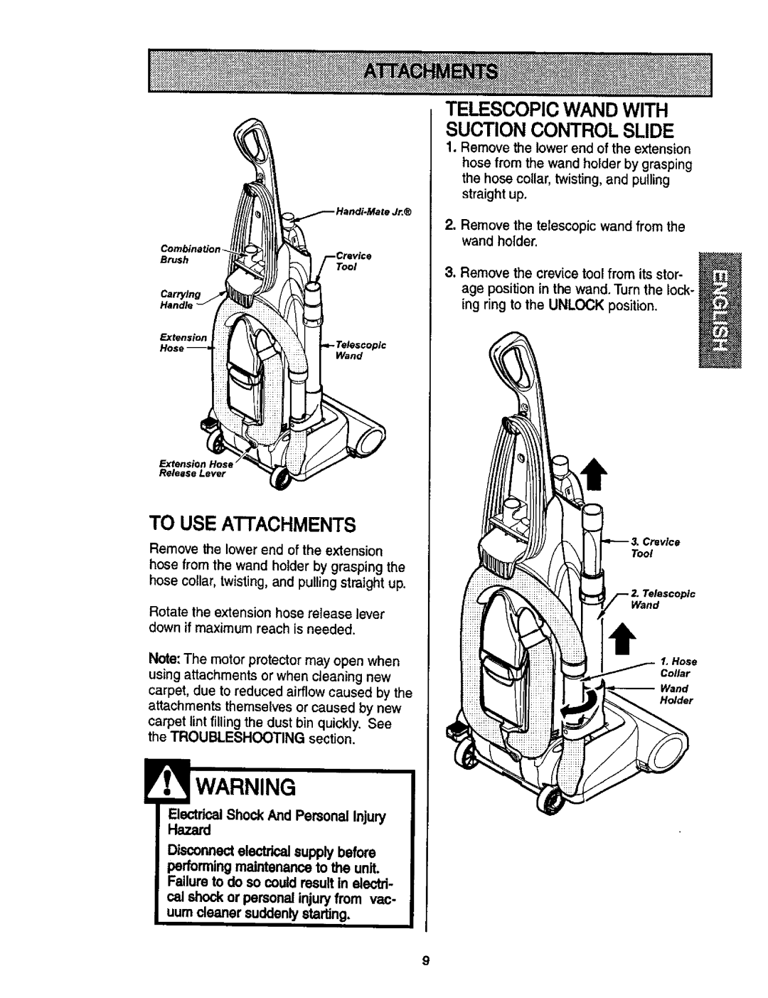 Kenmore 116.35912, 116.35913 owner manual To Use Attachments, Telescopic Wand With Suction Control Slide, II Tool 