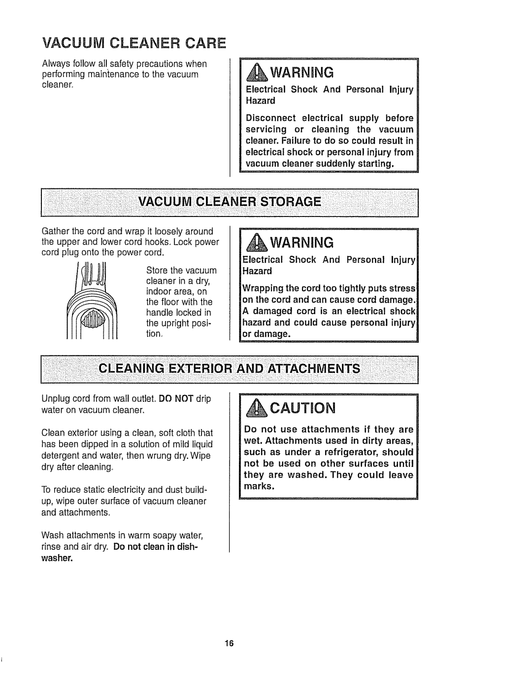 Kenmore 116.35922, 116.35923 owner manual Vacuum Cleaner Care, Cautbon, Electrical Shock And Personal Injury Hazard 