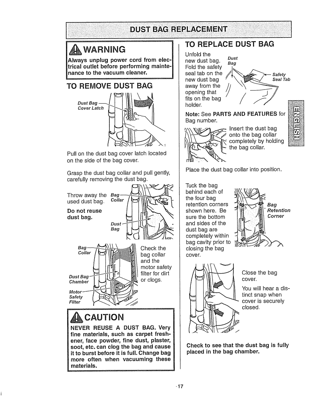 Kenmore 116.35923, 116.35922 owner manual To Remove Dust BAG To Replace Dust BAG 