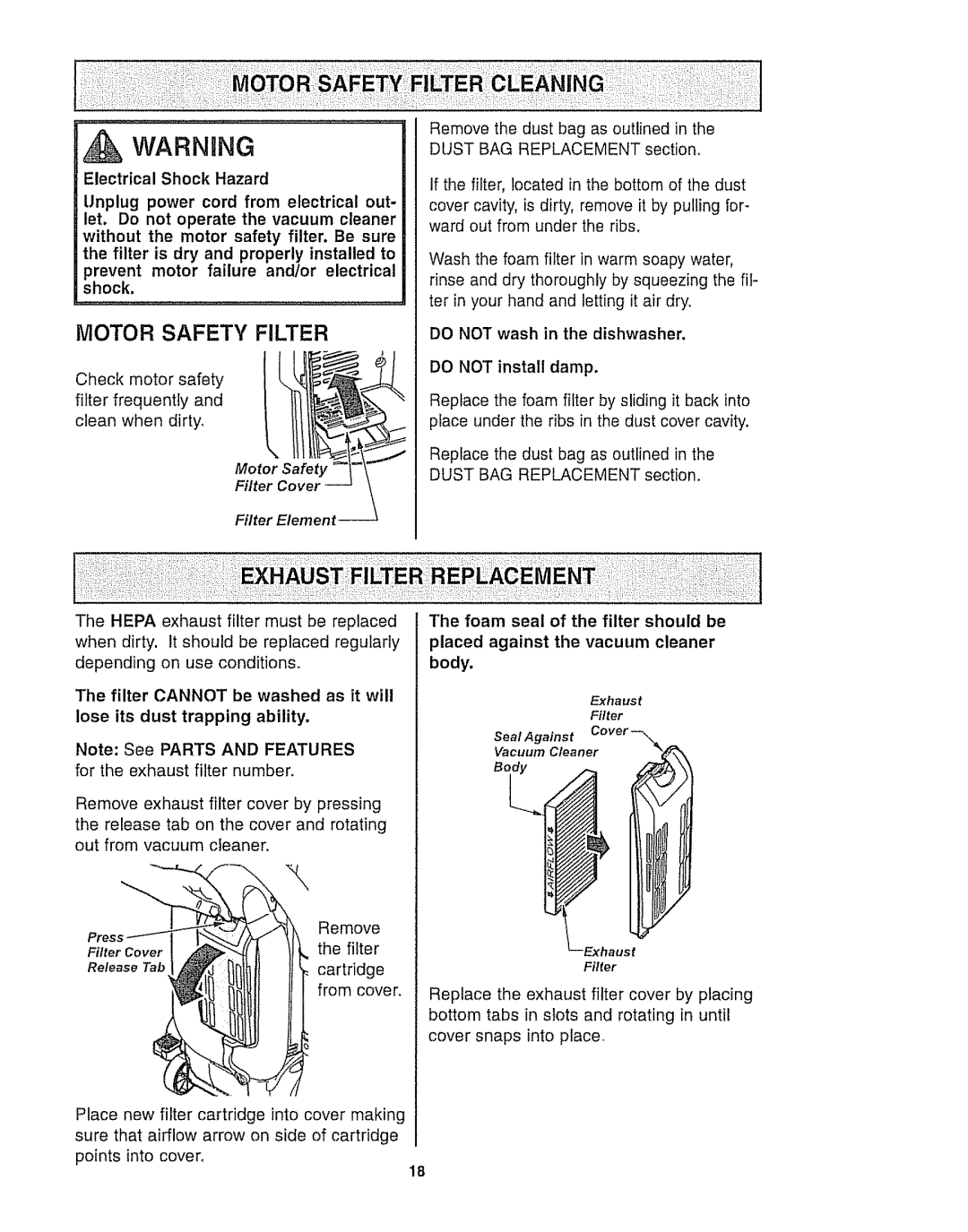 Kenmore 116.35922, 116.35923 owner manual Motor Safety Filter, Filter Element, Body 