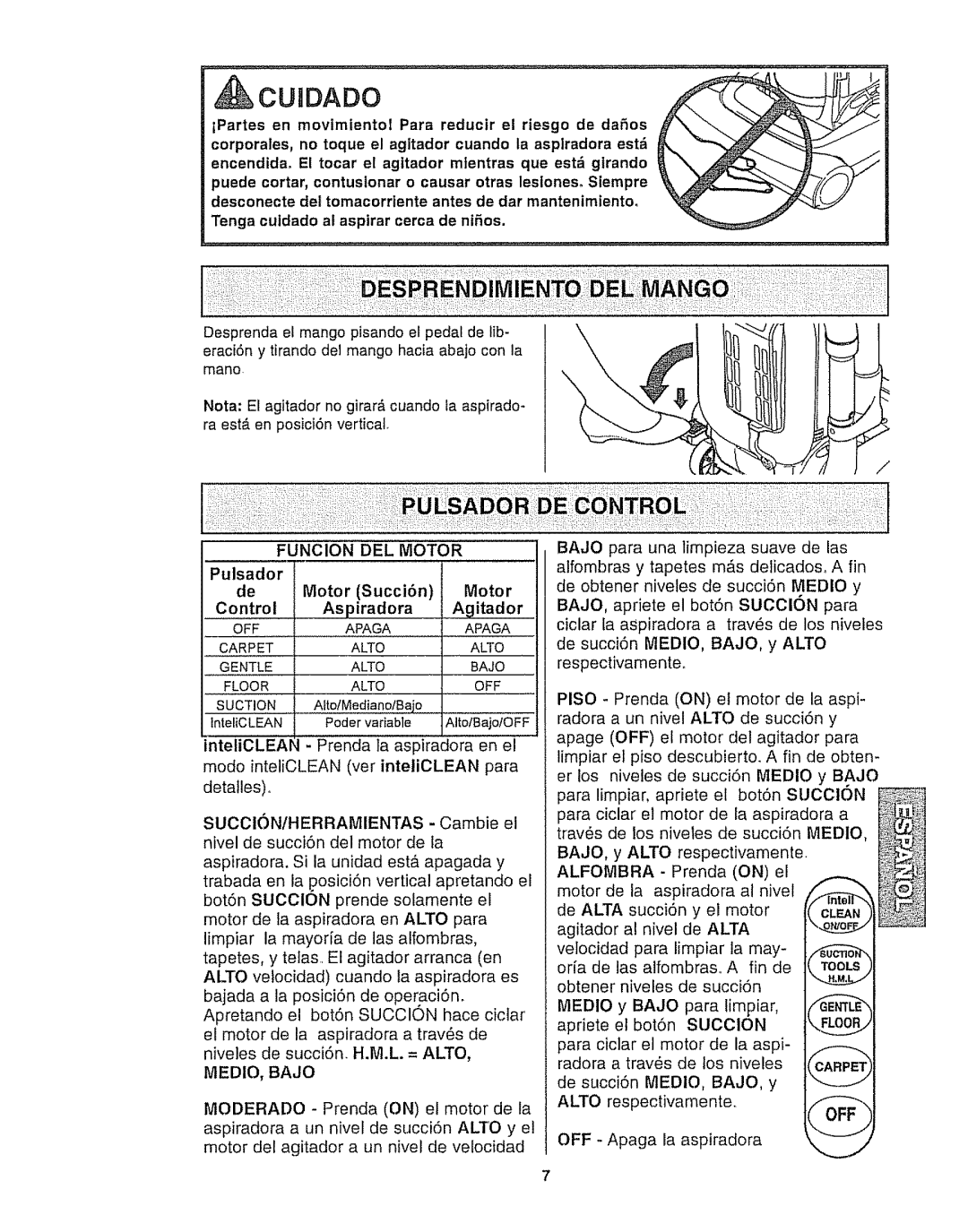 Kenmore 116.35923, 116.35922 owner manual Cuidado, De Motor Succi6n Motor 