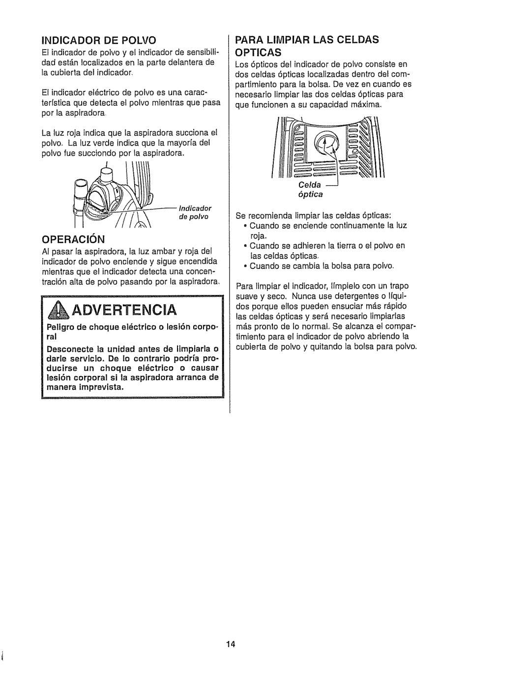 Kenmore 116.35922, 116.35923 owner manual OPTlCAS, Celda 5ptica 